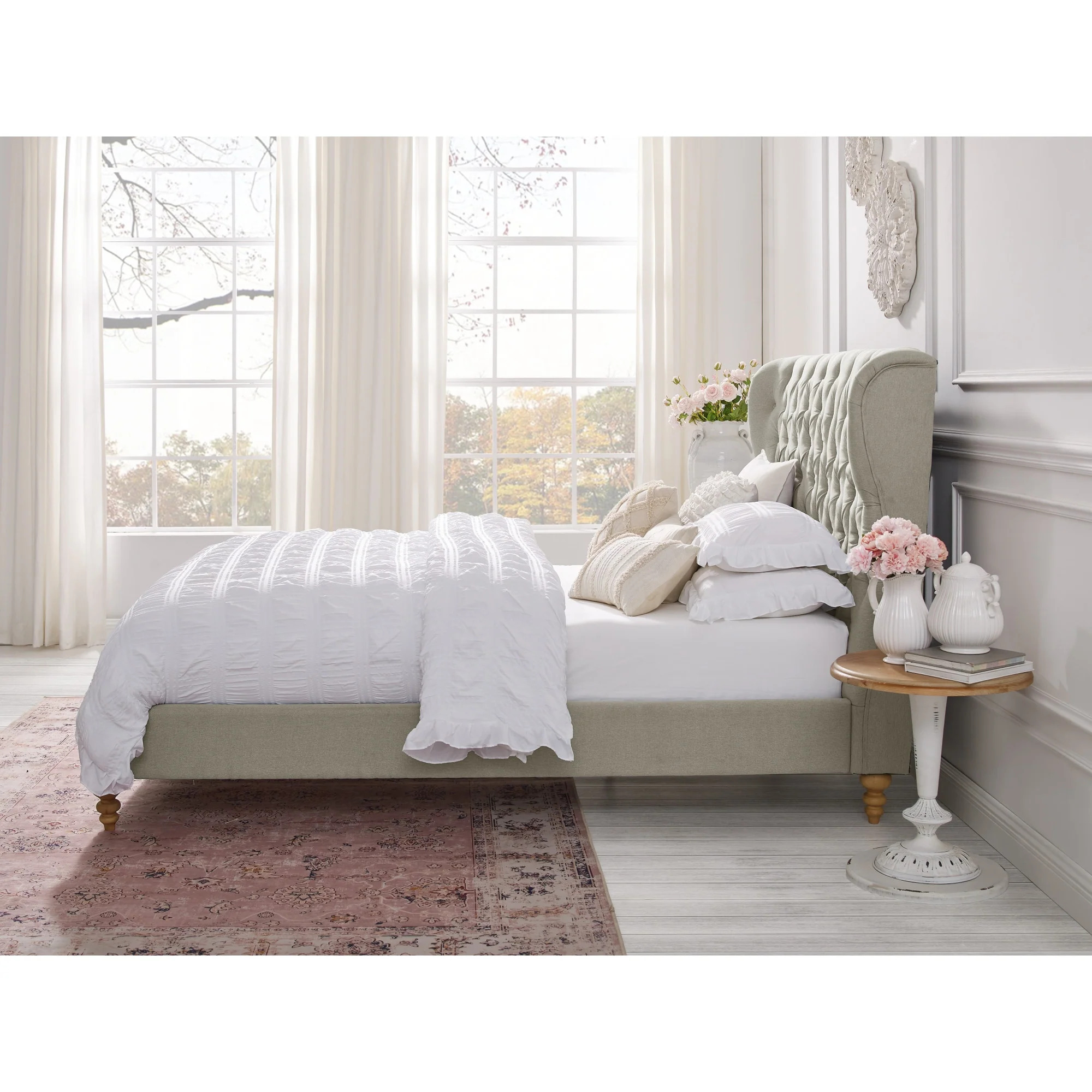 Cream Solid Wood Twin Tufted Upholstered Linen Bed