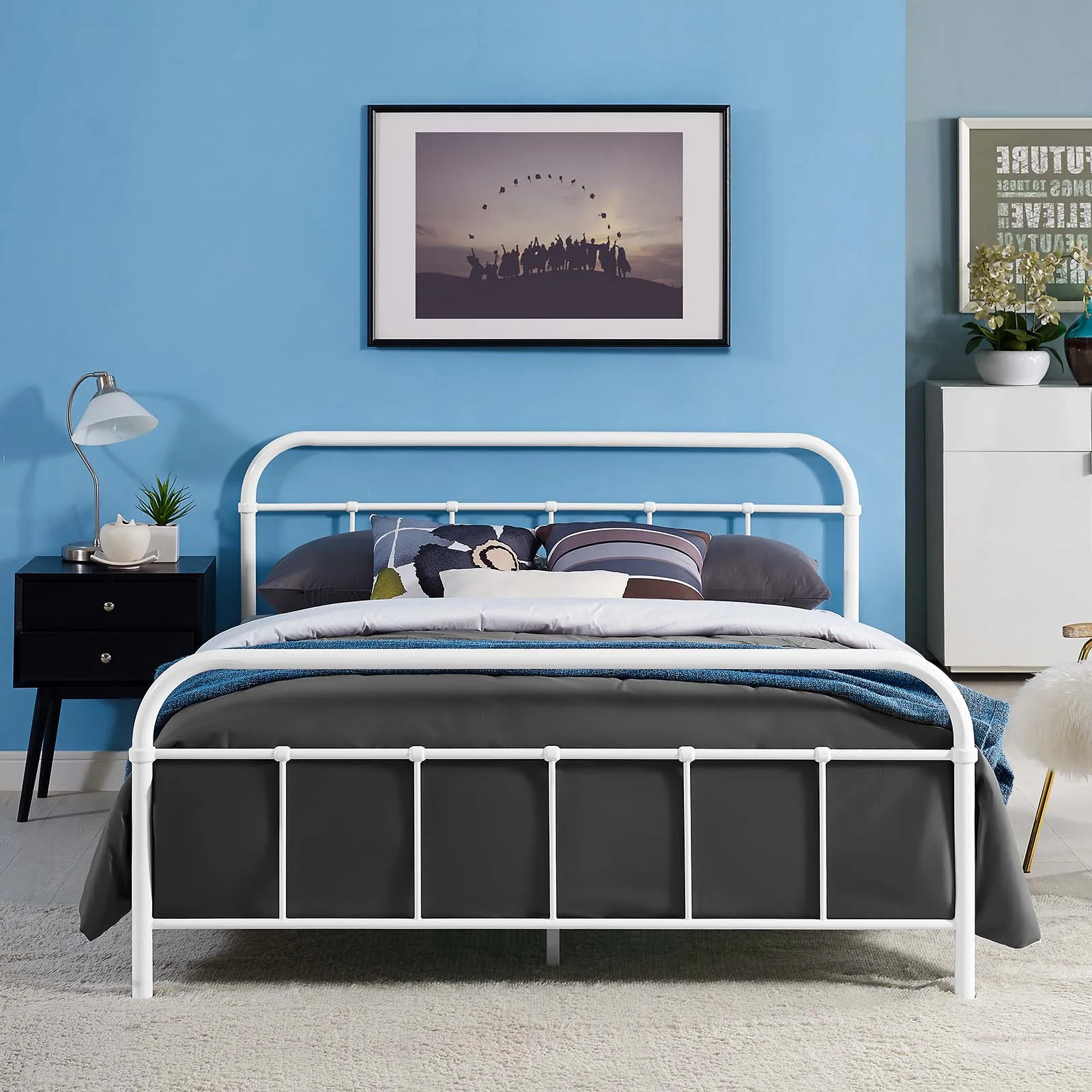 Industrial Country Cottage Farm Beach House Bedroom Queen Size Platform Bed Frame, Metal Steel Stainless Steel, White