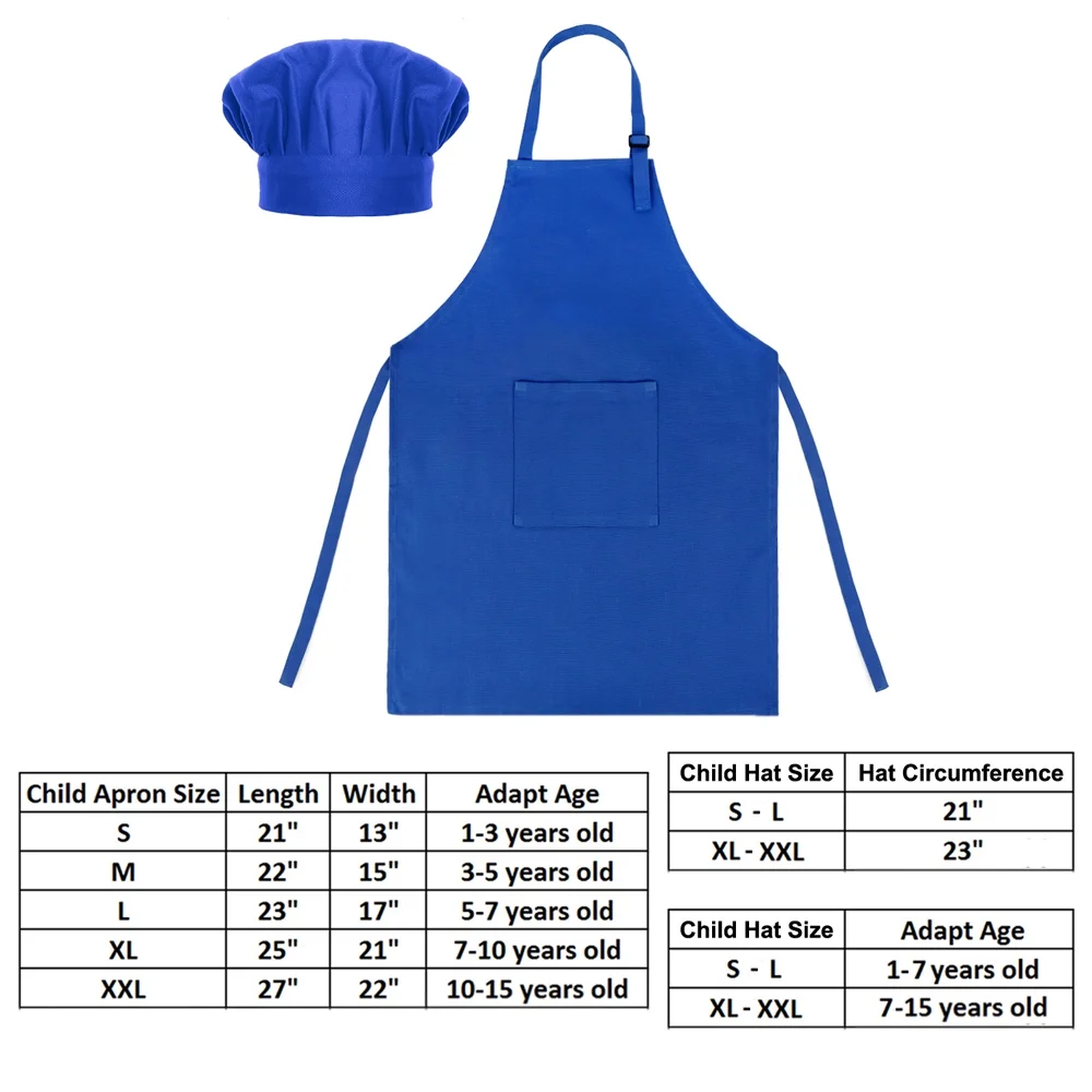 Toptie Kids Apron and Chef Hat Set, Adjustable Cotton Child Cooking Kitchen Apron, S-XXL-Blue-XL