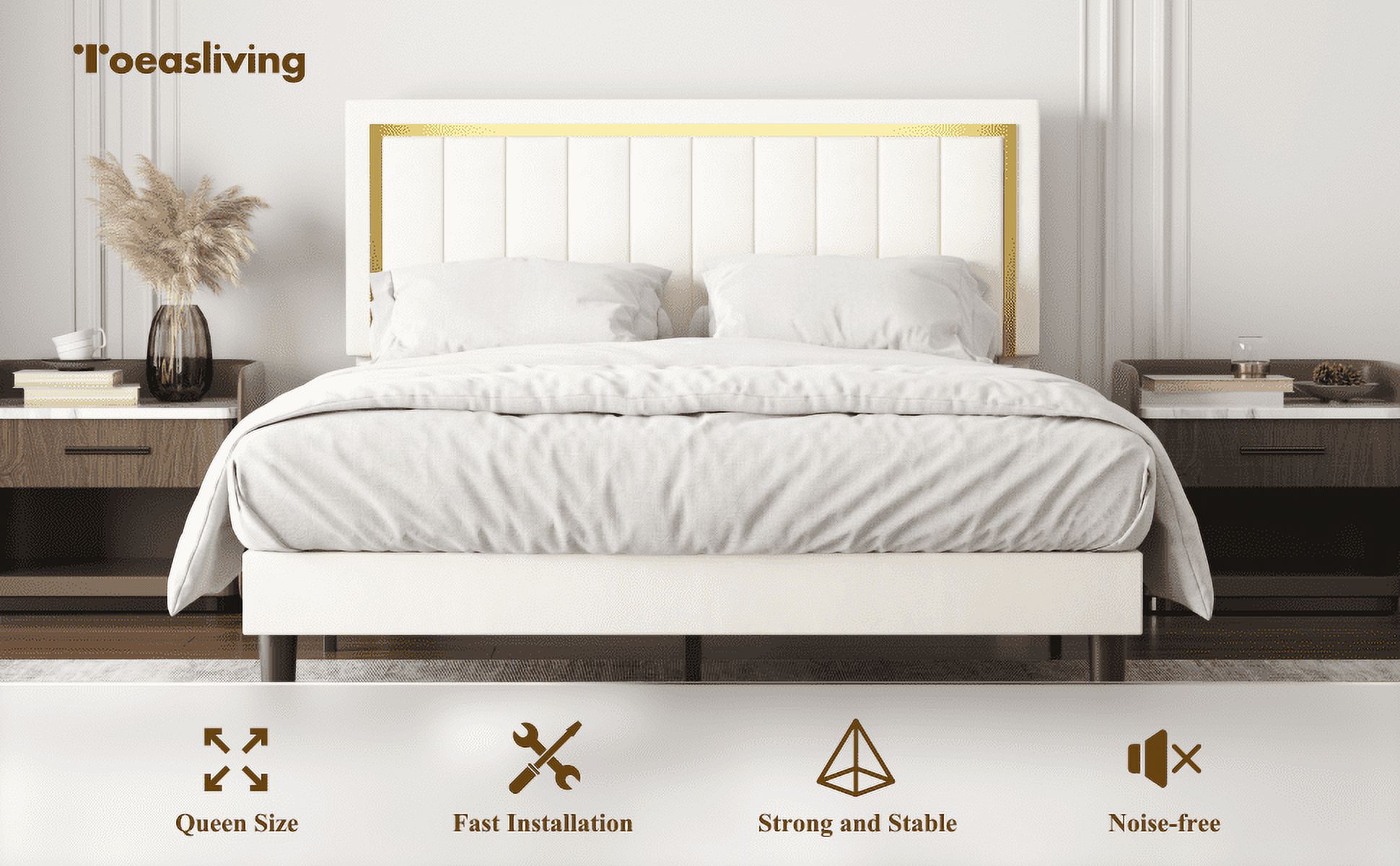 Abody Queen Platform Bed Frame with Adjustable Headboard, Velvet Upholstered Queen Bed Frame with Wooden Slats Support & Gold Trim, Noise-Free, Easy Assembly, No Box Spring Needed, Beige