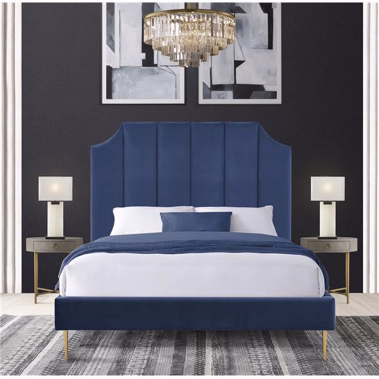 57.75 x 66.25 x 87 in. Avril Platform Bed Frame with Velvet Upholstered Vertical Channel Quilted Headboard, Navy - Queen Size