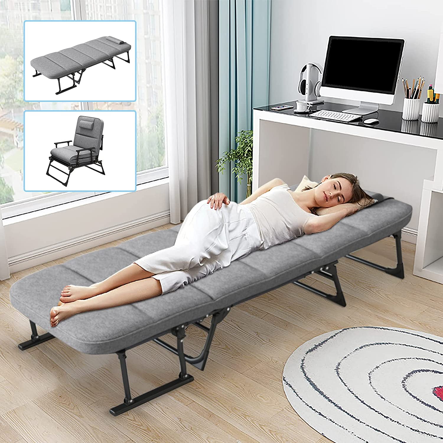 Slsy 3 in 1 Folding Bed with Mattress, Portable Fold up Bed with 6 Adjustable Positions, Cot Size Foldable Guest Beds, Hideaway Cot for Adults