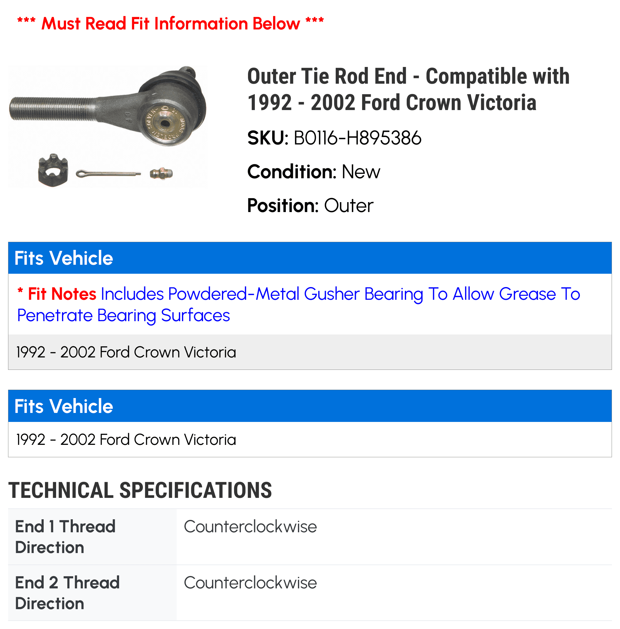 Outer Tie Rod End - Compatible with 1992 - 2002 Ford Crown Victoria 1993 1994 1995 1996 1997 1998 1999 2000 2001
