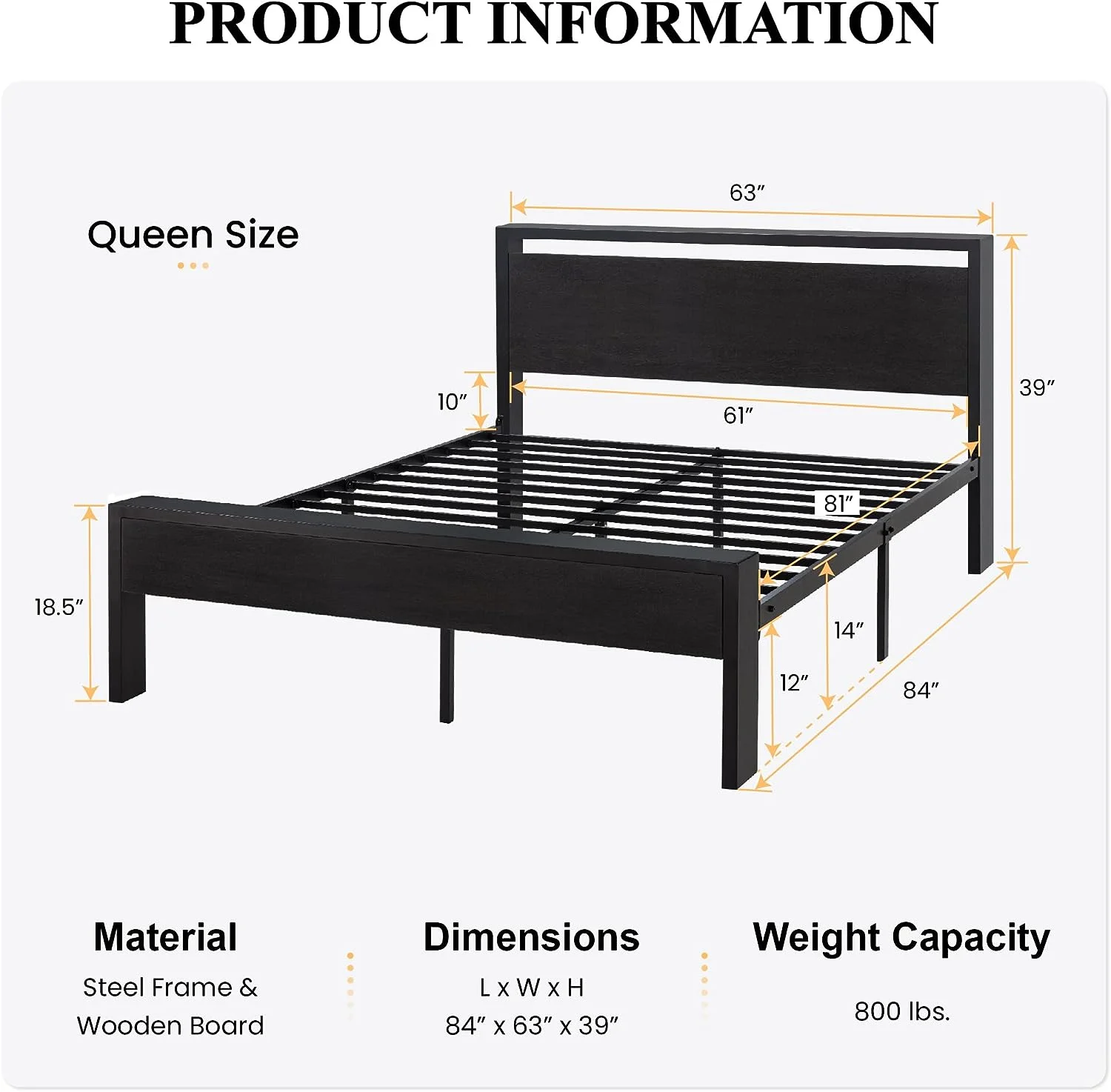 OUWI 14 Inch Queen Size Metal Platform Bed Frame with Wooden Headboard and Footboard, Mattress Foundation, No Box Spring Needed, Large Under Bed Storage, Non-Slip, Black Oak