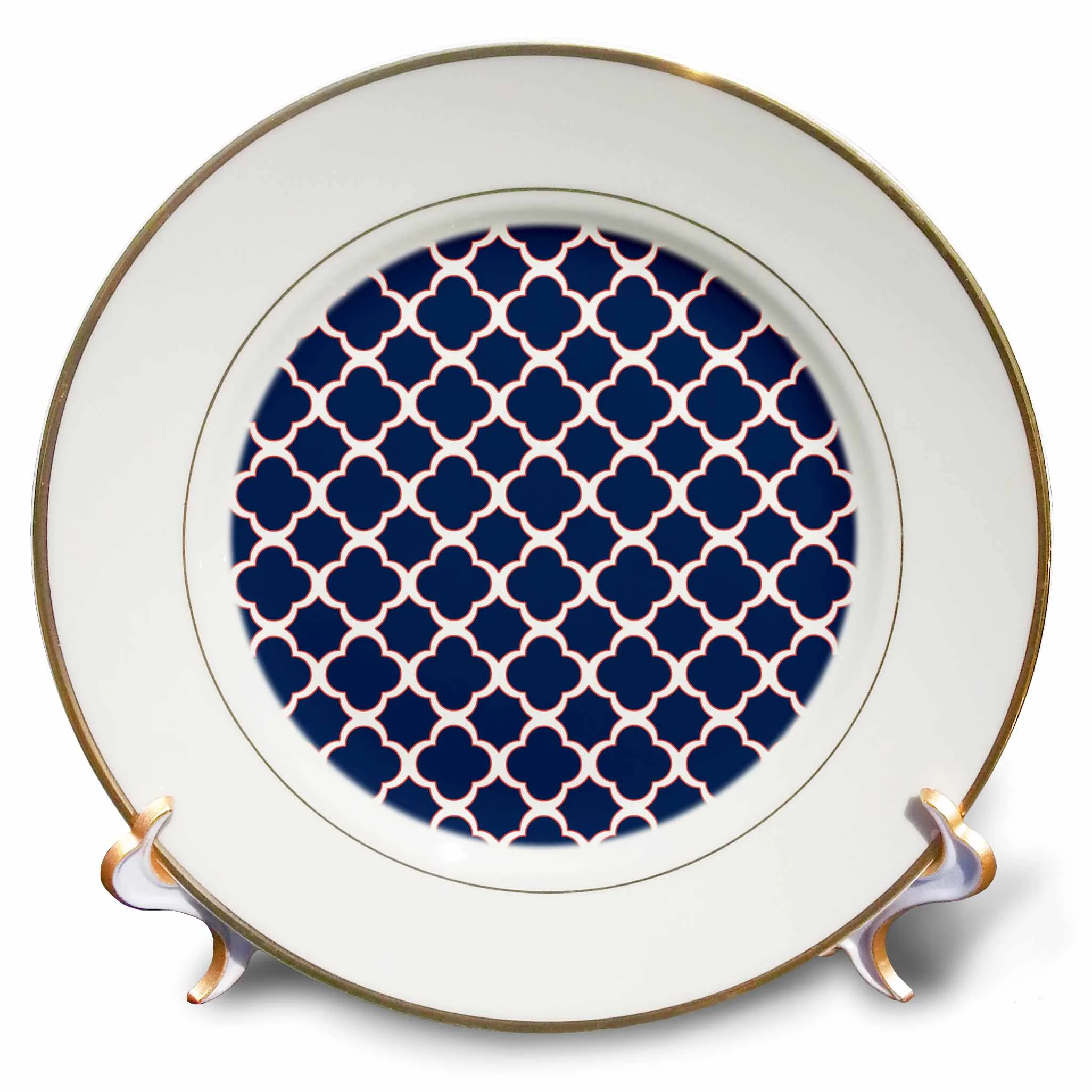 3dRose Quatrefoil Pattern Navy Blue and White with Red Accent, Porcelain Plate, 8-inch