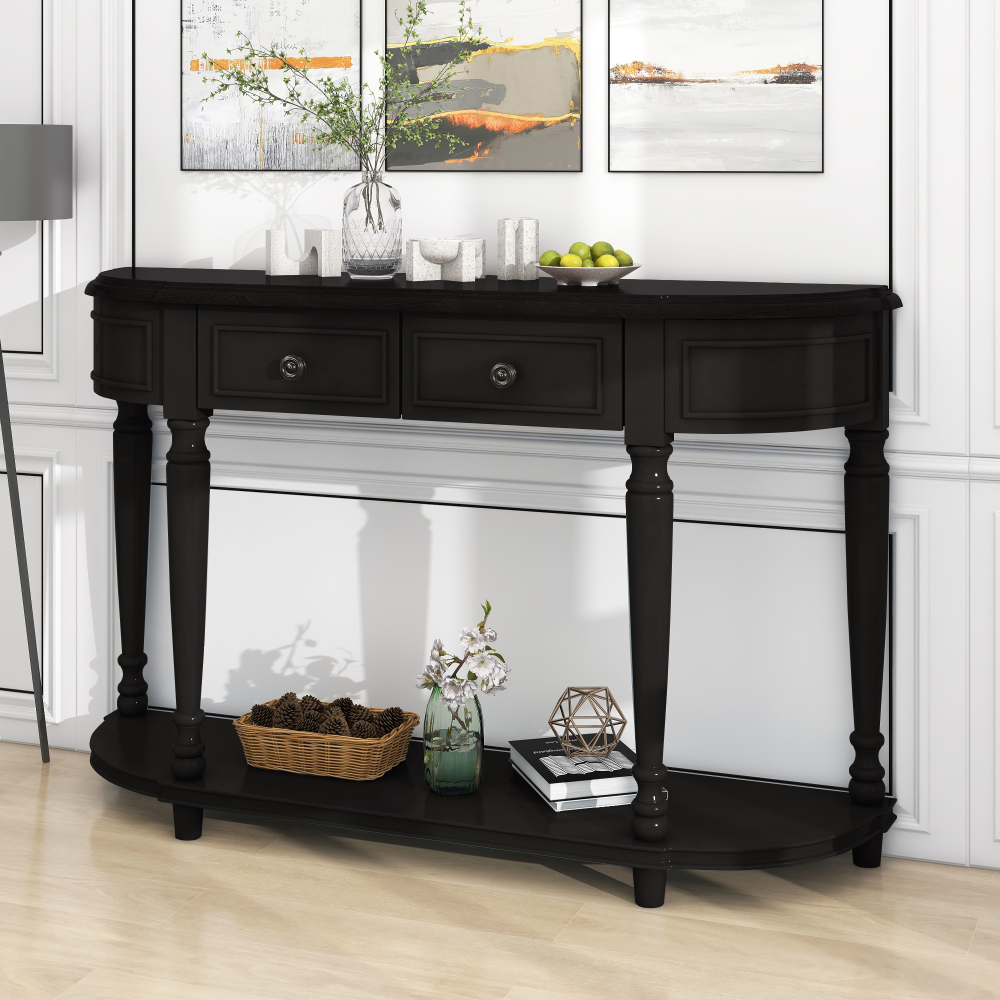 Espresso Curved Console Table, Atumon Sideboard Buffet, Vintage Circular Entryway Table, Wood Console Table with 2 Drawers and Bottom Shelf, Console Table Furniture for Living Room Entryway Hallway