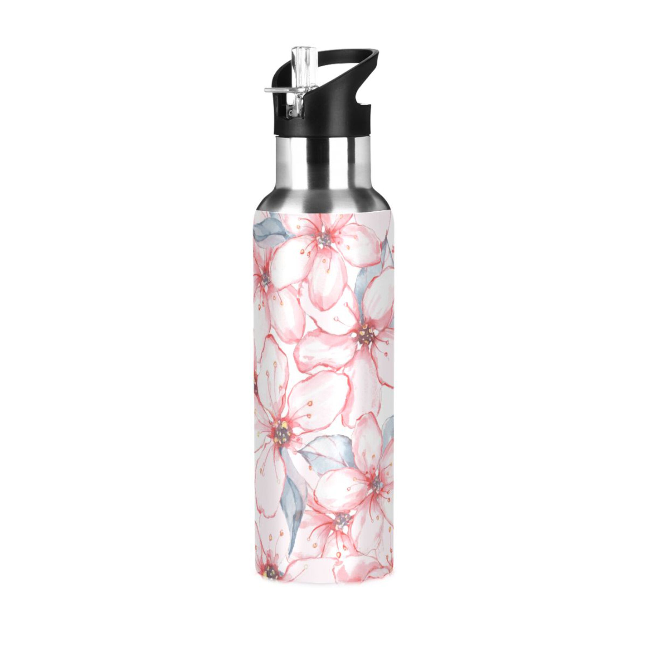 Pink Floral Water Bottles Insulated Thermos Kids Stainless Steel Bottle with Straw Lid Flask Leakproof for Sports Gym 20 oz
