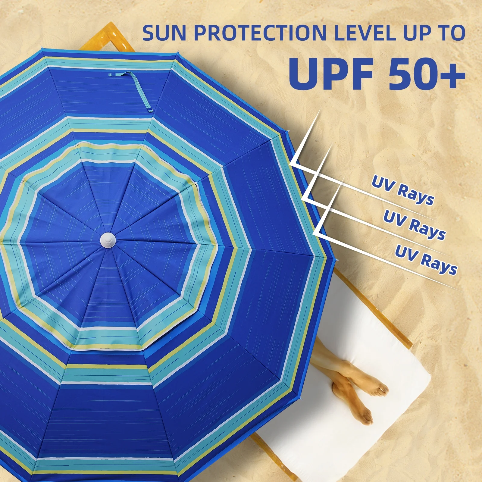 AMMSUN 8FT Large Heavy Duty Beach Umbrella with Sand Anchor UPF50+ Tilt Sun Shelter,Stripe Blue