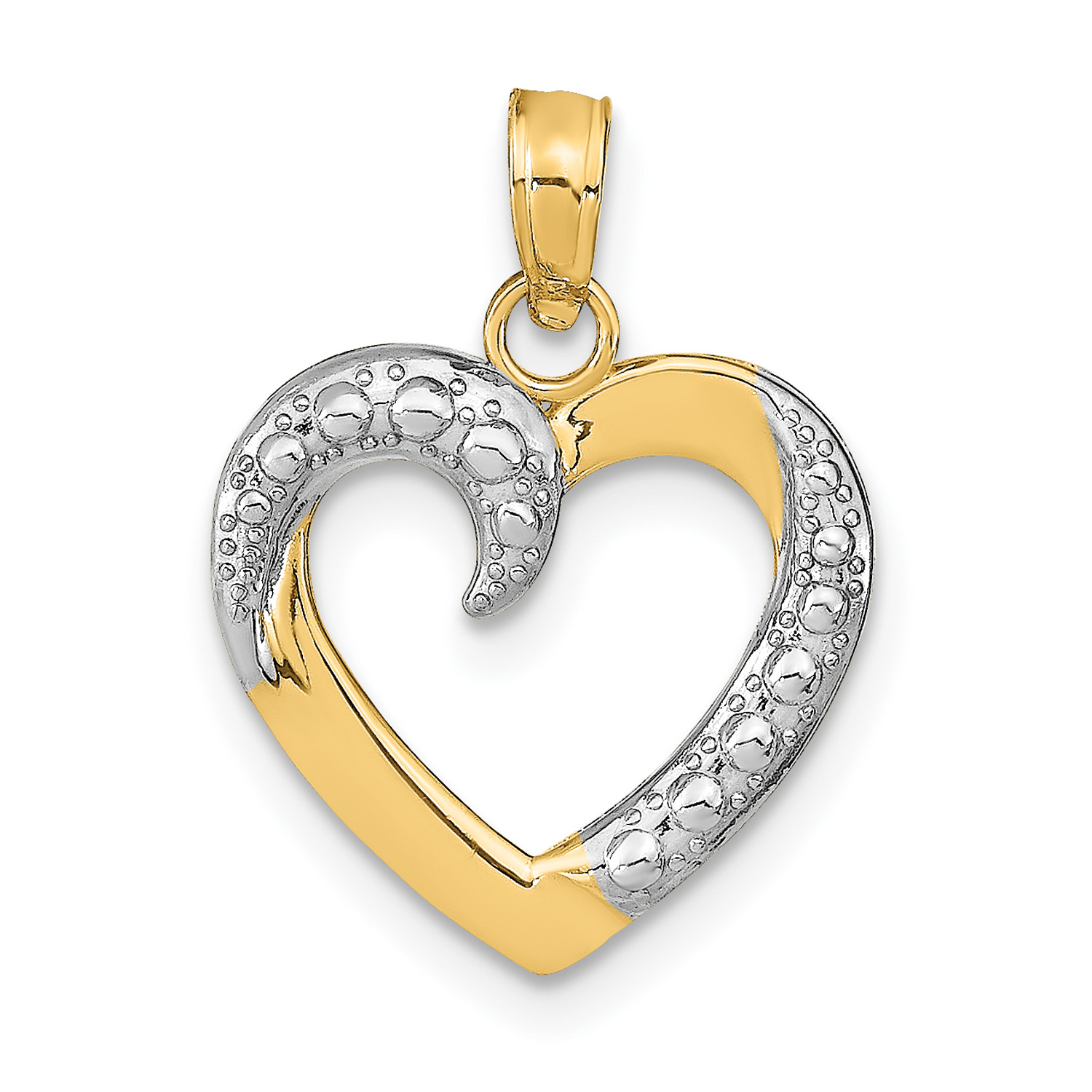 14K Two-Tone Gold And Rhodium Polished And Textured Heart Pendant (18.1 mm x 14.6 mm) With 10K Yellow Gold Lightweight Rope Chain 18