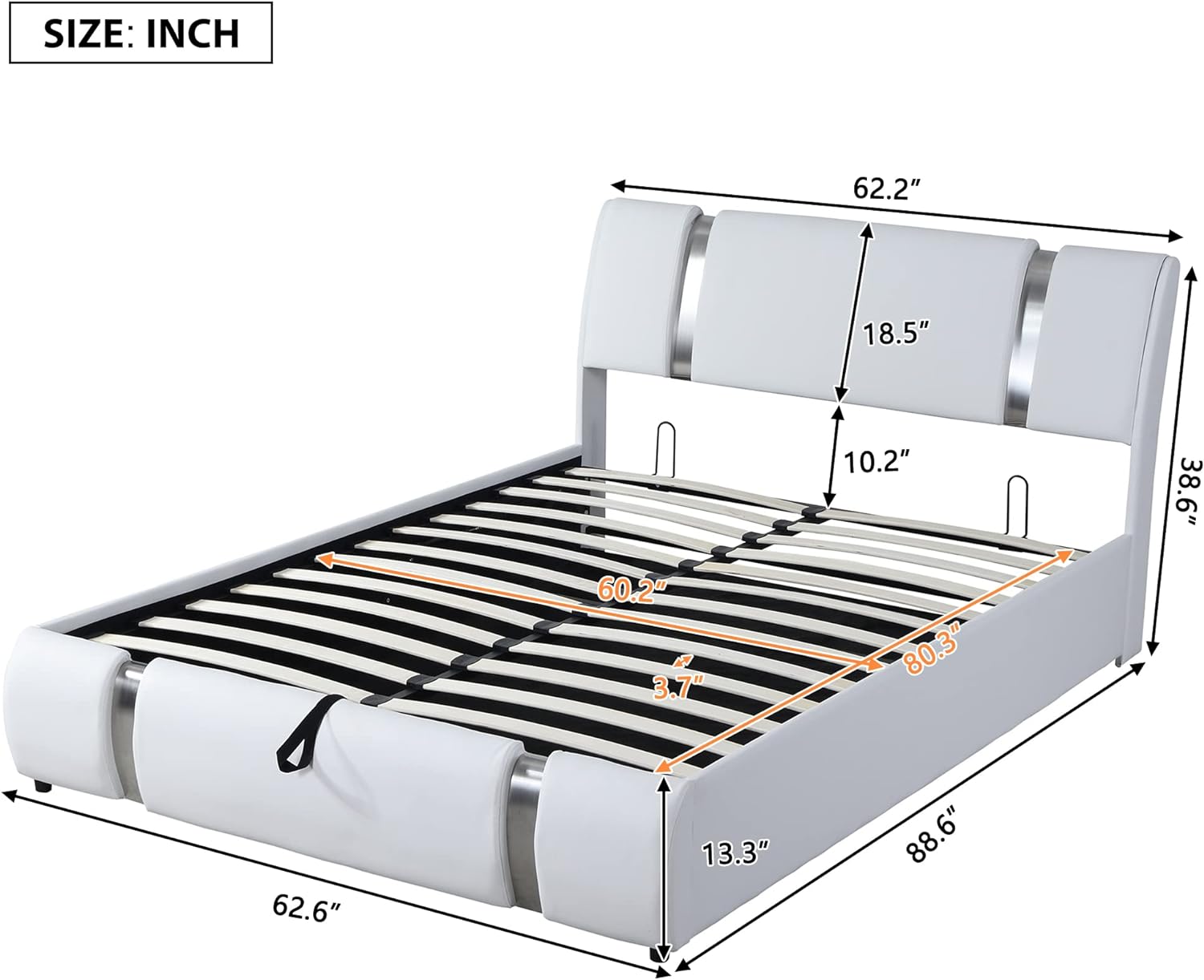Quee Size Upholstered Bed Frame With Liftig Storage Moder Faux Leather Platform Bed With Iro Metal Decor Ad Padded Headboard, Woode Slat Support Ad Uder Bed Storage, White