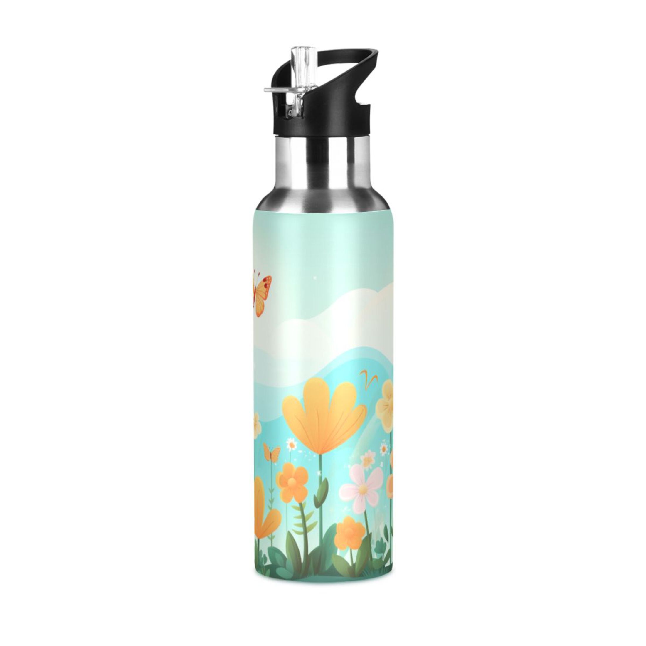 Butterfly in Flower Water Bottles Insulated Thermos Kids Stainless Steel Bottle with Straw Lid Flask Leakproof for Sports Gym 20 oz