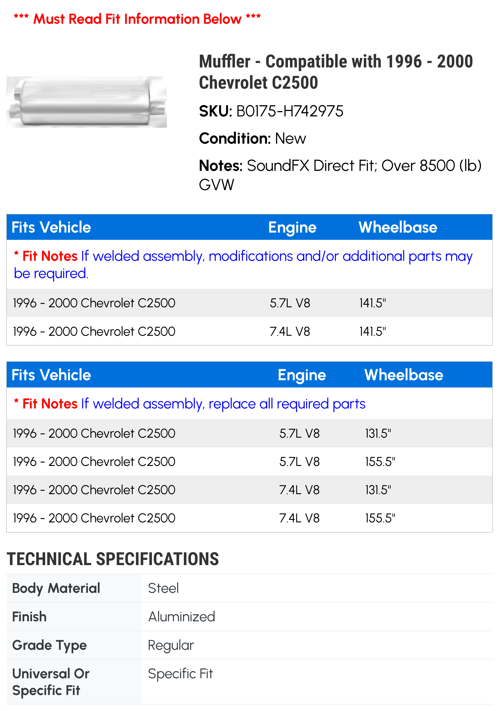 Muffler - Compatible with 1996 - 2000 Chevy C2500 1997 1998 1999