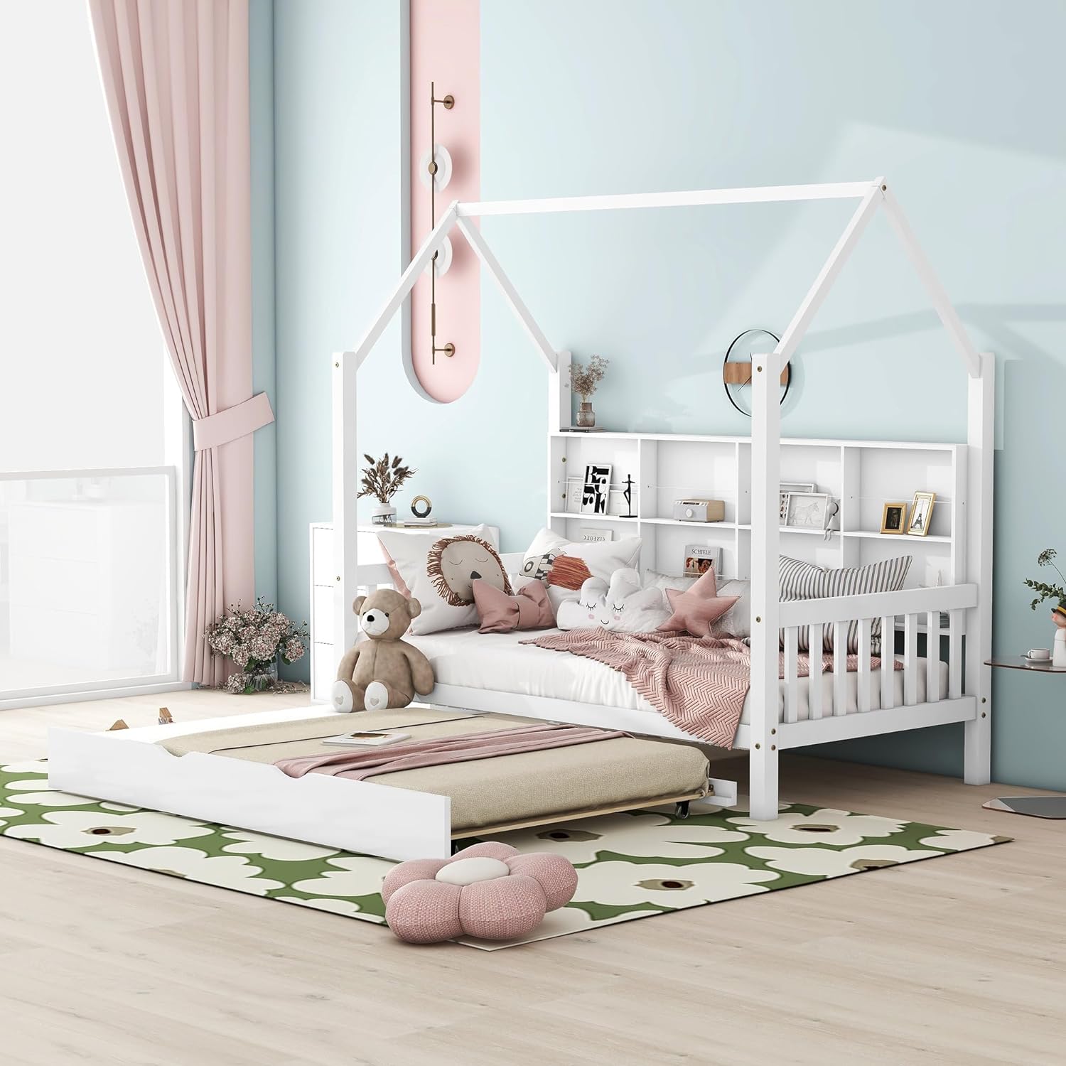 Size House Beds With Trundle And Storage Shelves For Kids Montessori Bed Wood Playhouse Tent Bed Frame For Girls Boys, White