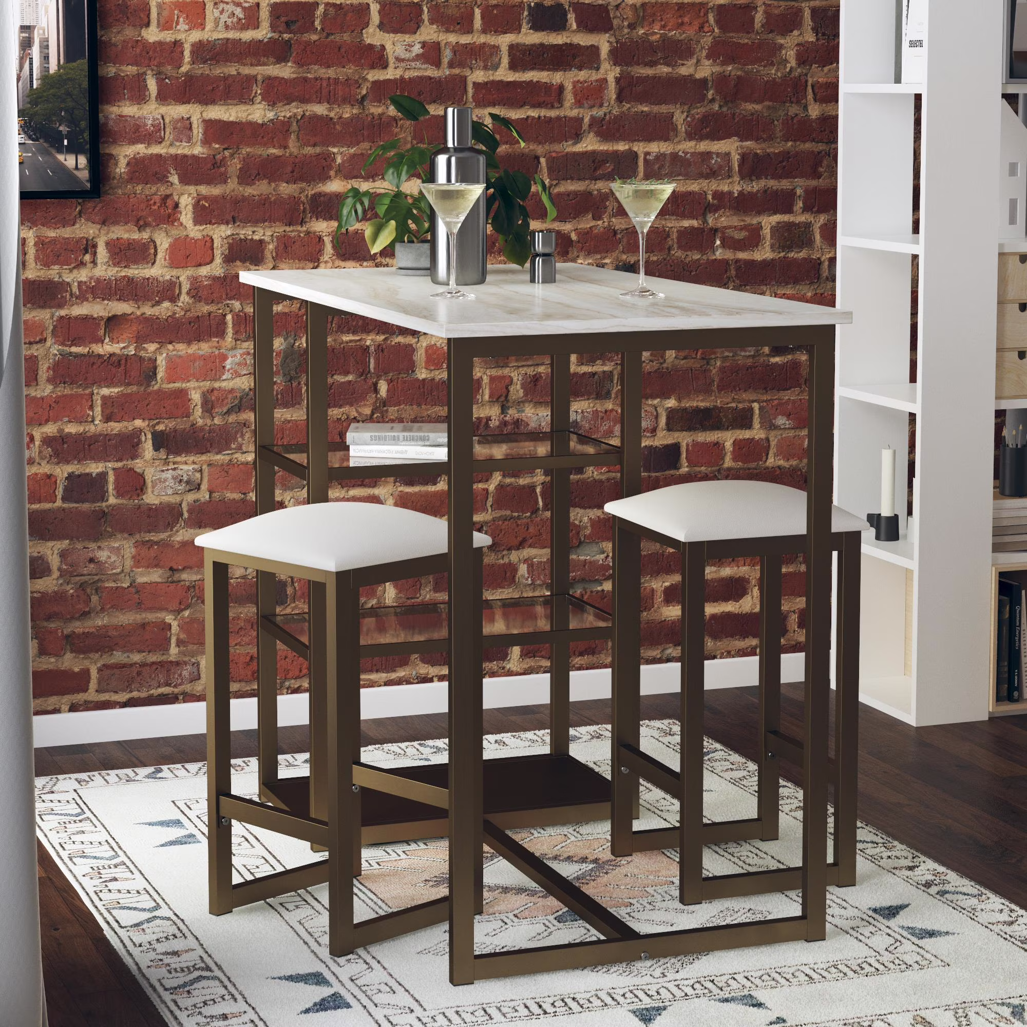 Ember Interiors Tanner 3-Piece Brass Pub Set With Faux Marble Top, White