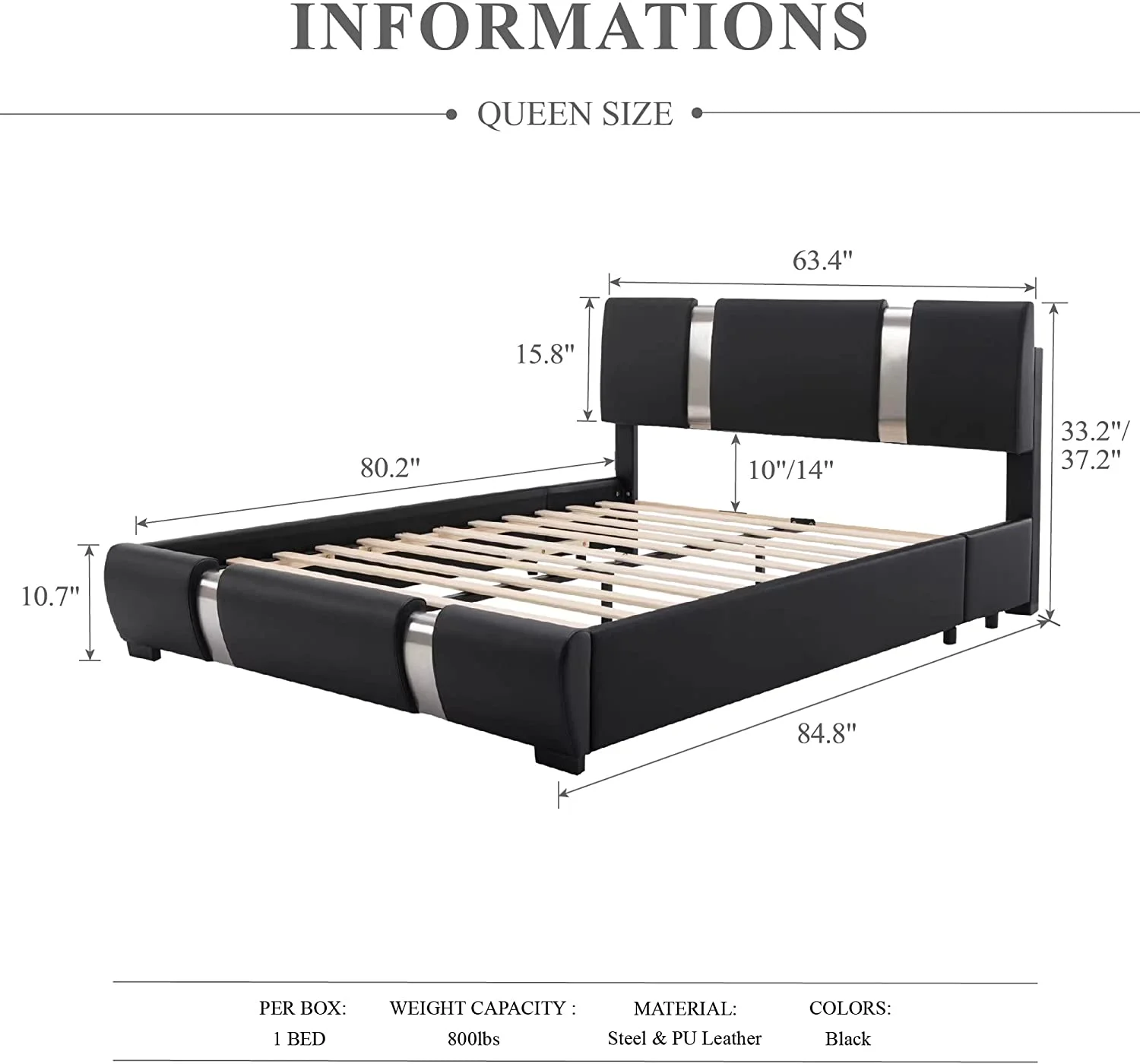 King Size Bed Frame with with Adjustable Headboard  Modern Low Profile Platform Bed with Faux Leather Mattress Foundation with Solid Wooden Slats Support No Box Spring Needed Black