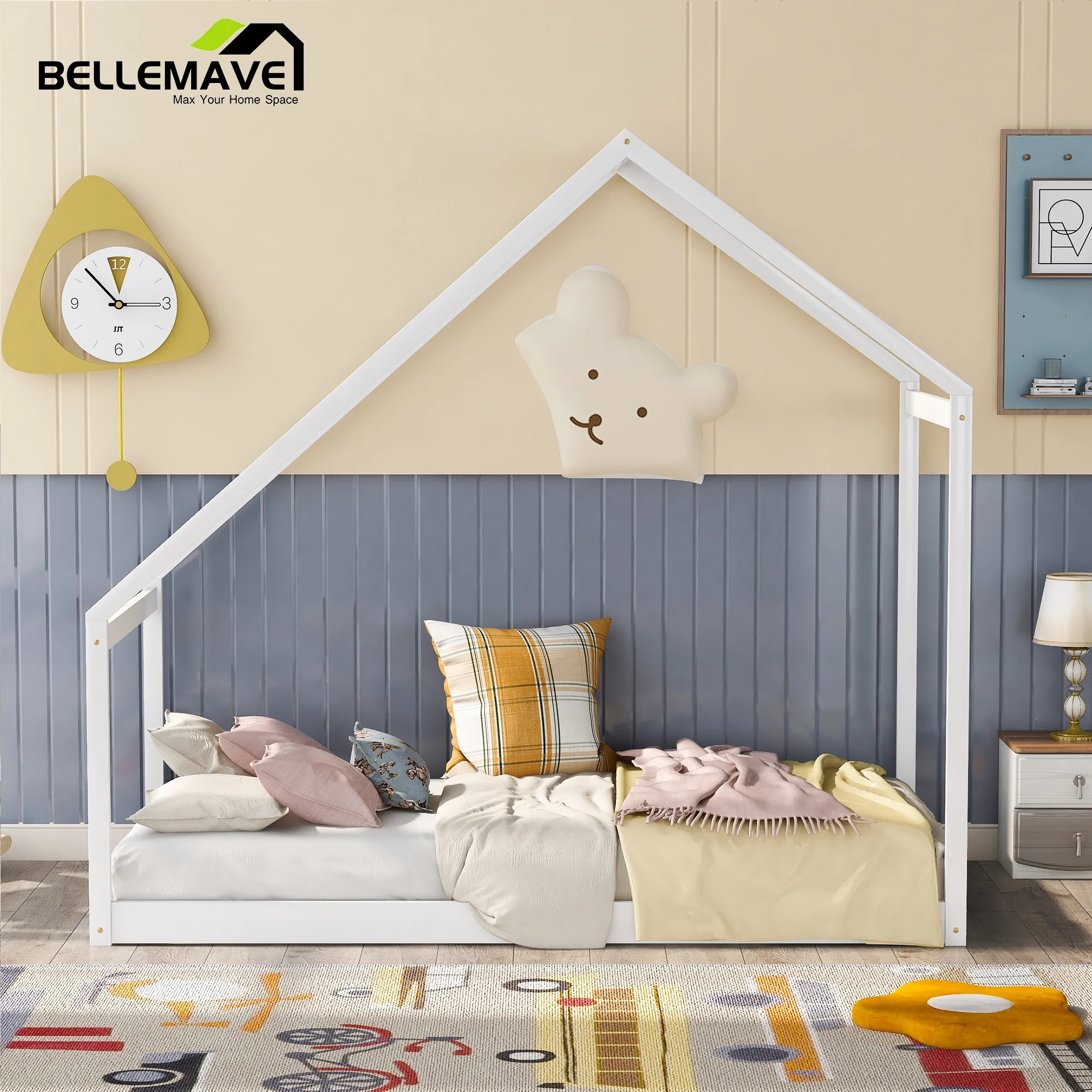 Toddler House Bed Twin Size, Twin House Floor Bed for Kids,Toddler Montessori Bed/Twin Floor Bed Frame Toddler, Need Box Spring(White)