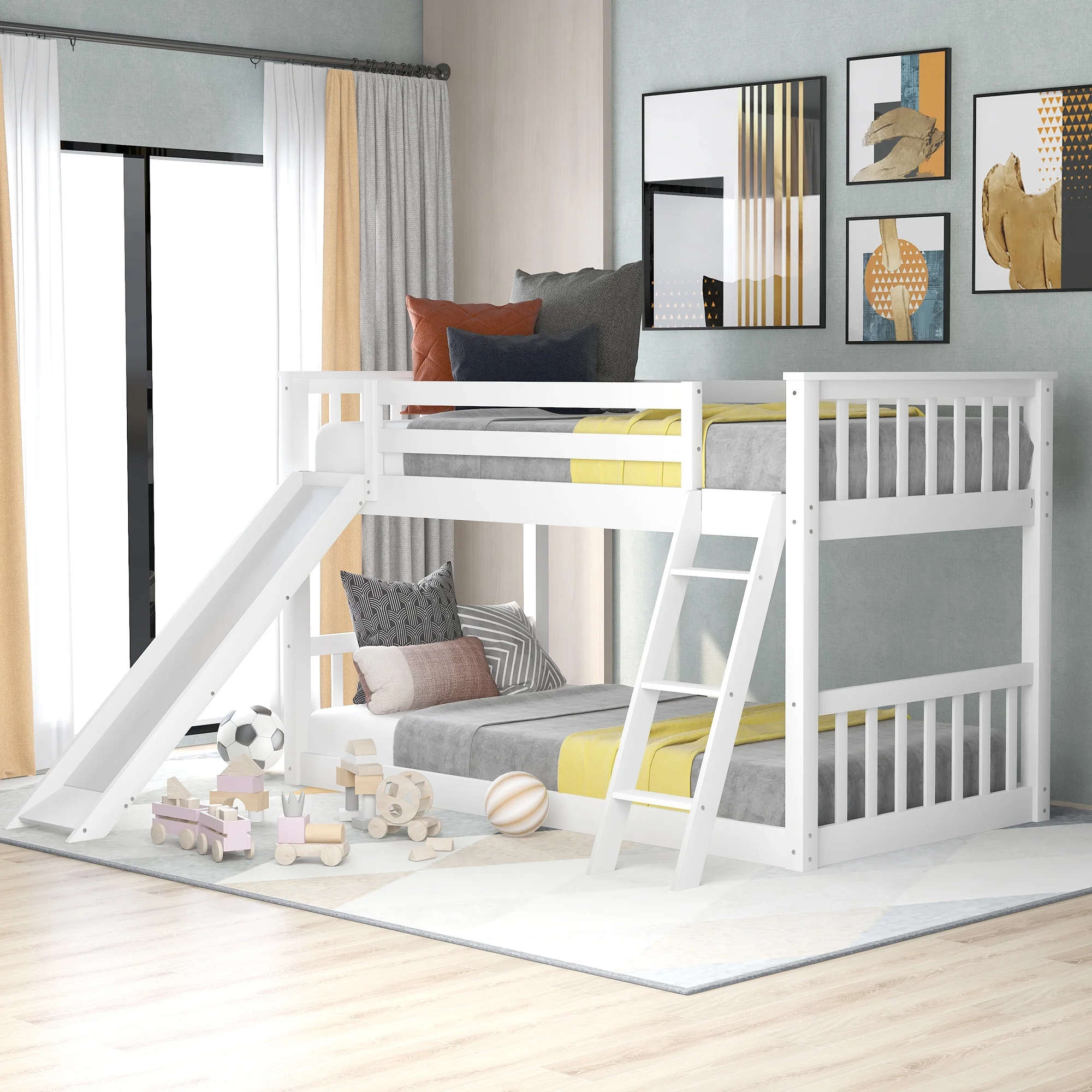 Nestfair White Twin over Twin Bunk Bed with Convertible Slide and Ladder