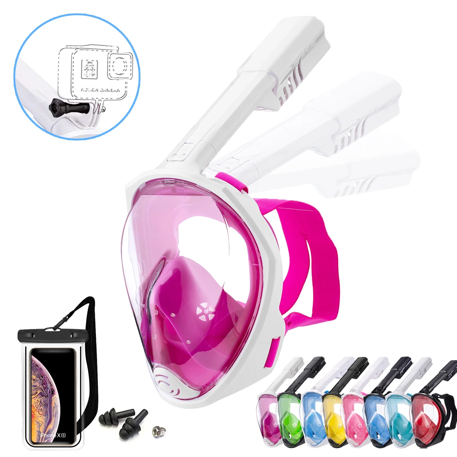 Foldable Full face Snorkeling mask with New Safety Breathing System, 180-degree Panoramic View, Waterproof and Anti-Fog, with Camera Stand, Universal Snorkeling mask（White-purple S/M)