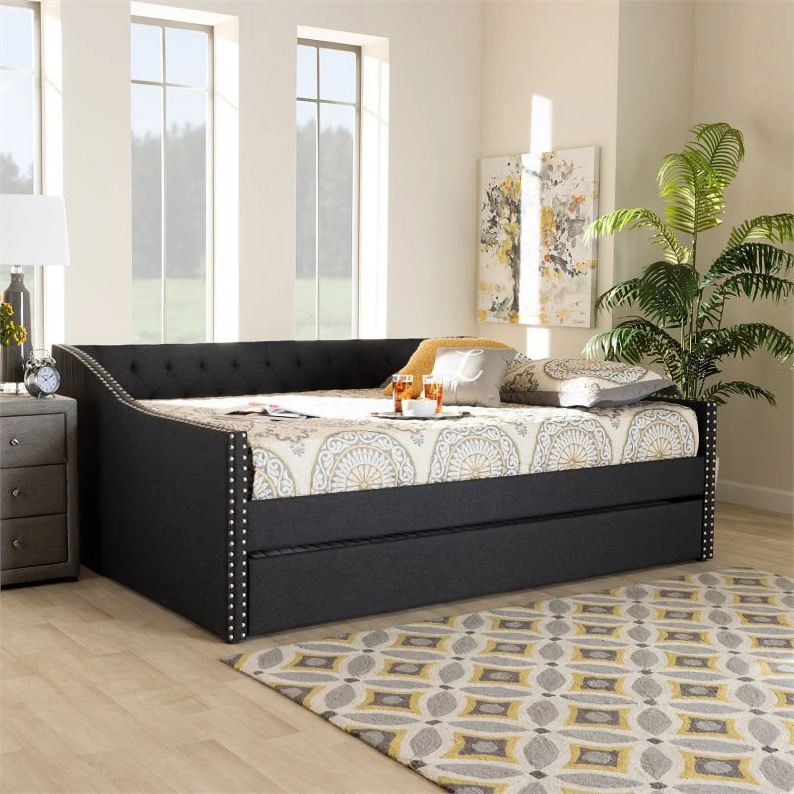Bowery Hill Modern Fabric Upholstered Full Daybed with Trundle in Dark Gray