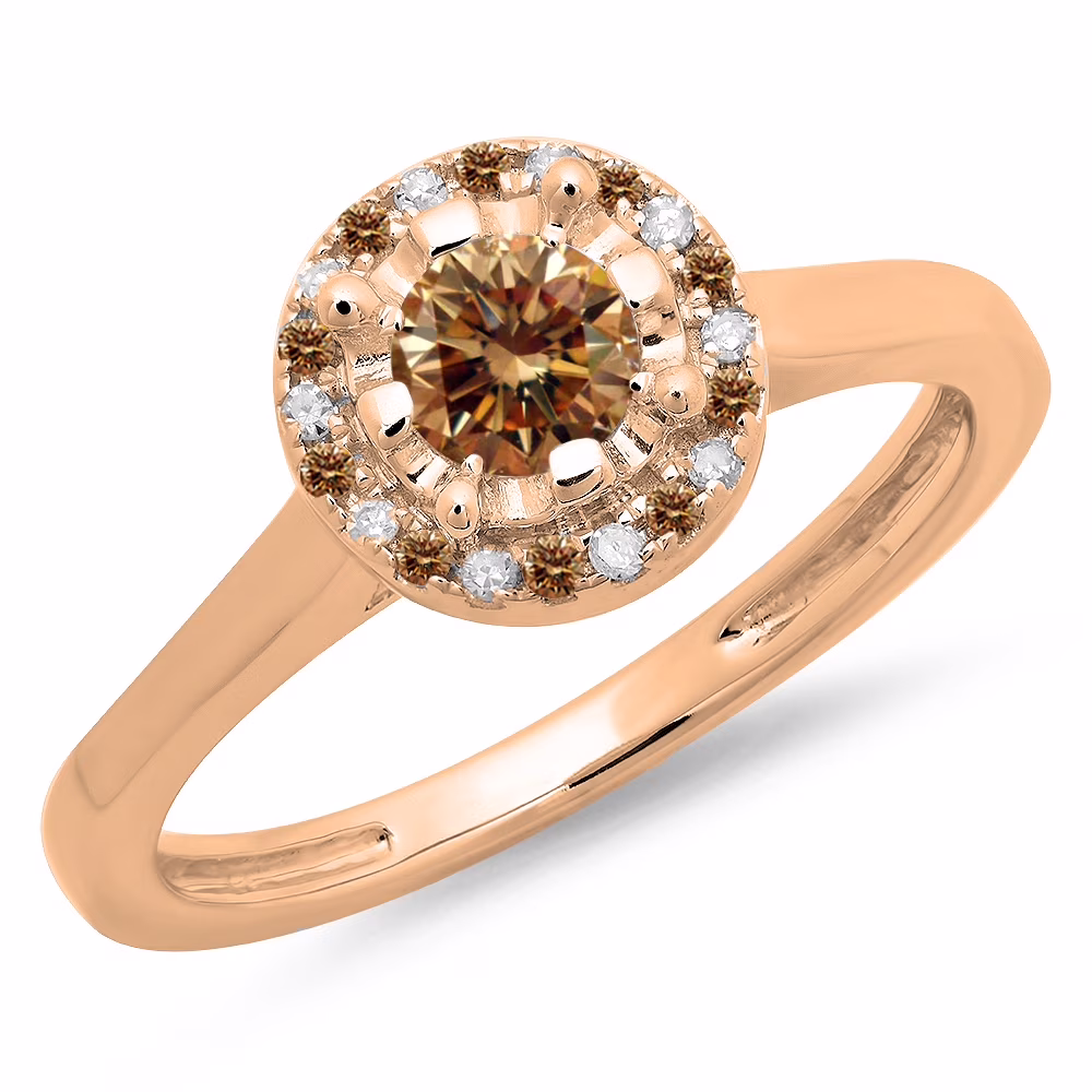 0.50 Carat (ctw) 18K Rose Gold Round Champagne & White Diamond Ladies Bridal Halo Style Engagement Ring 1/2 CT