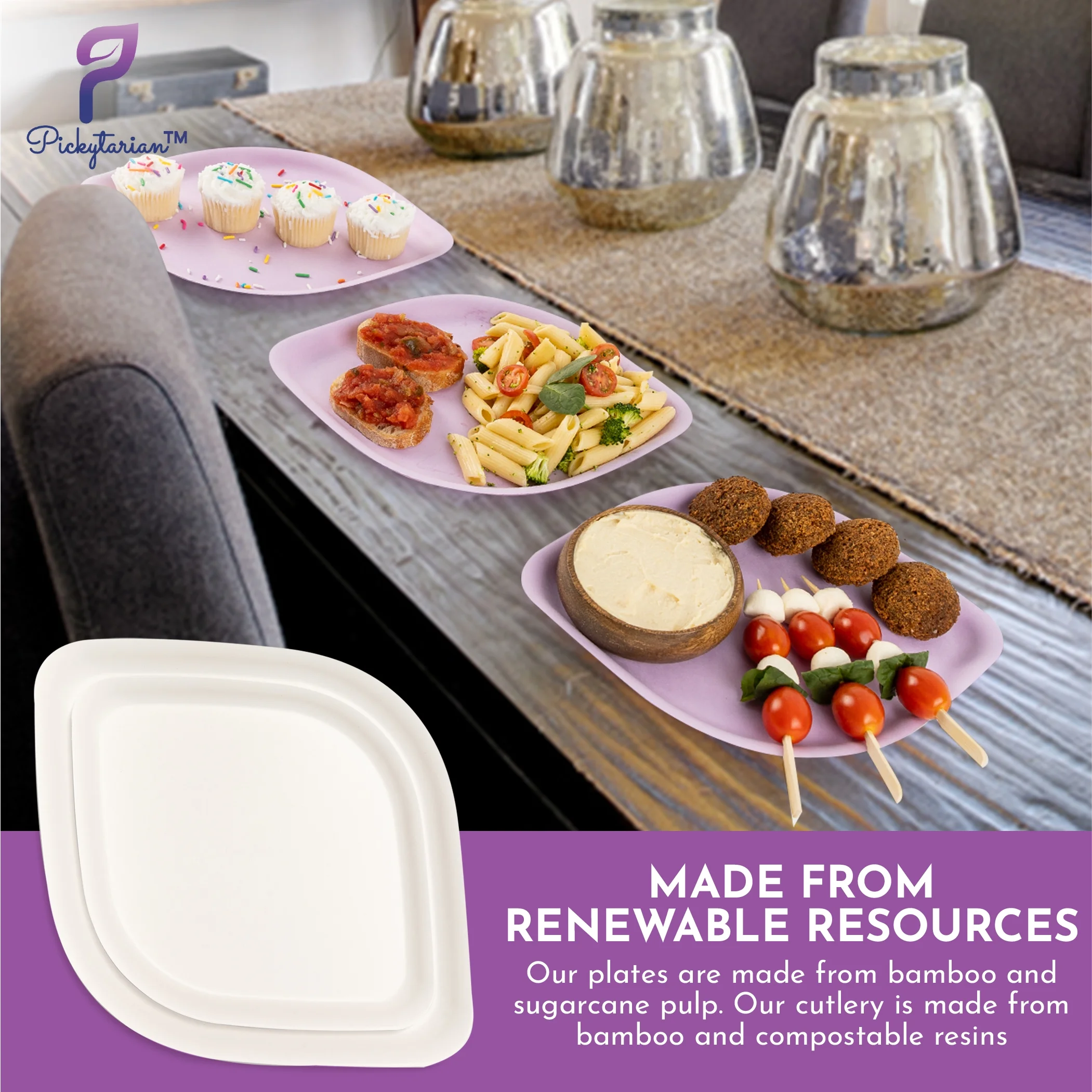 Pickytarian 50pcs Small Disposable Purple Plates - Fancy Bamboo Party Plate- 8 inch Appetizer Plates