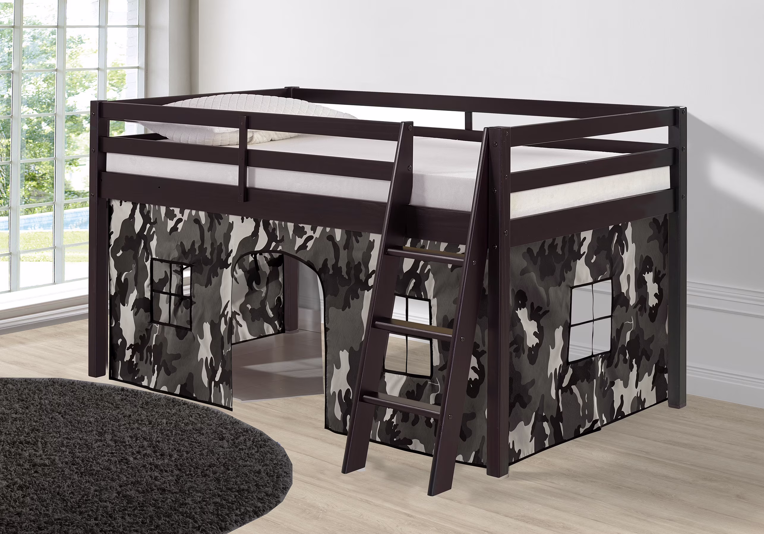 Roxy Twin Wood Junior Loft Bed with Espresso with Gray Camo Bottom Tent