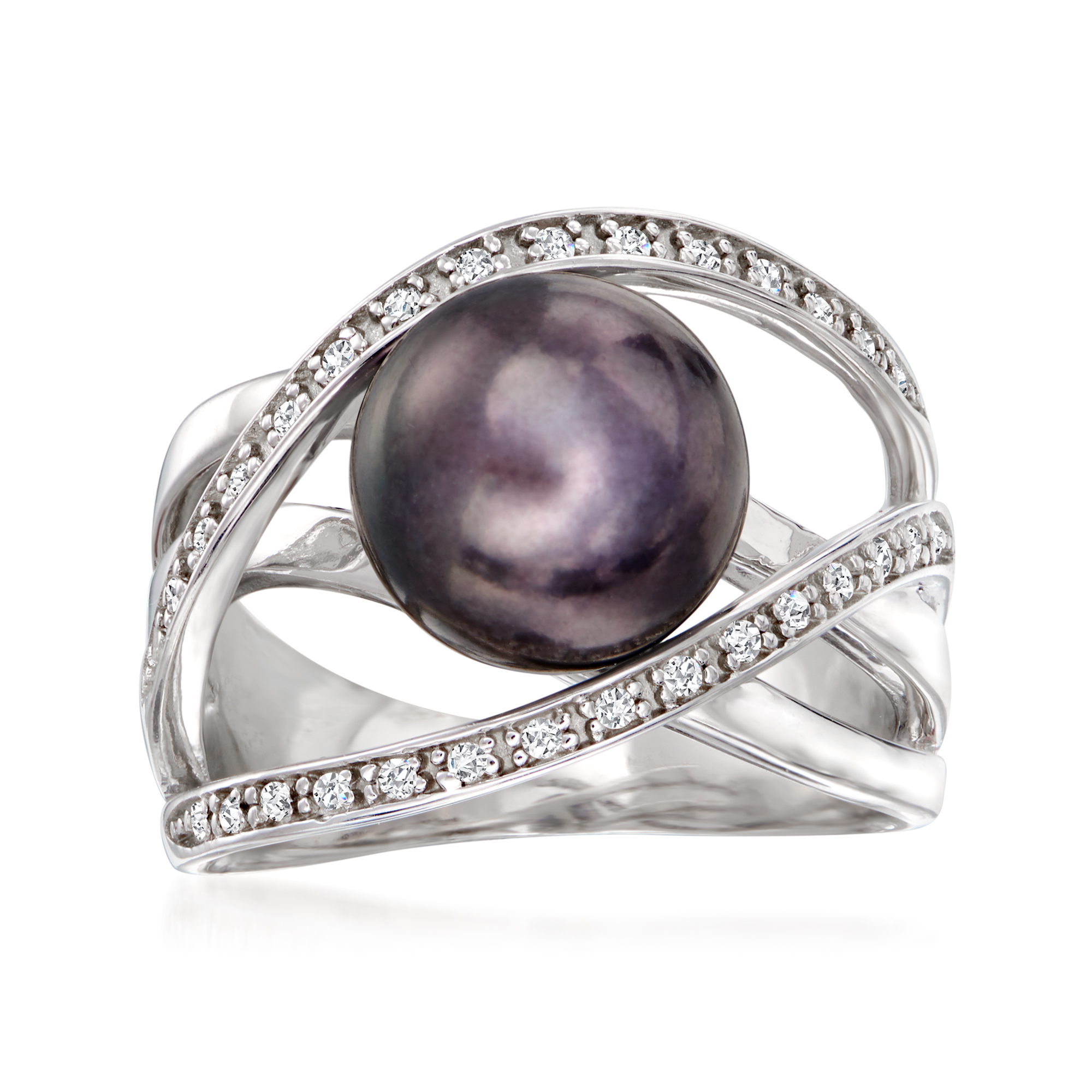 Ross-Simons 10mm Black Cultured Pearl and .10 ct. t.w. White Zircon Highway Ring in Sterling Silver, Women's, Adult