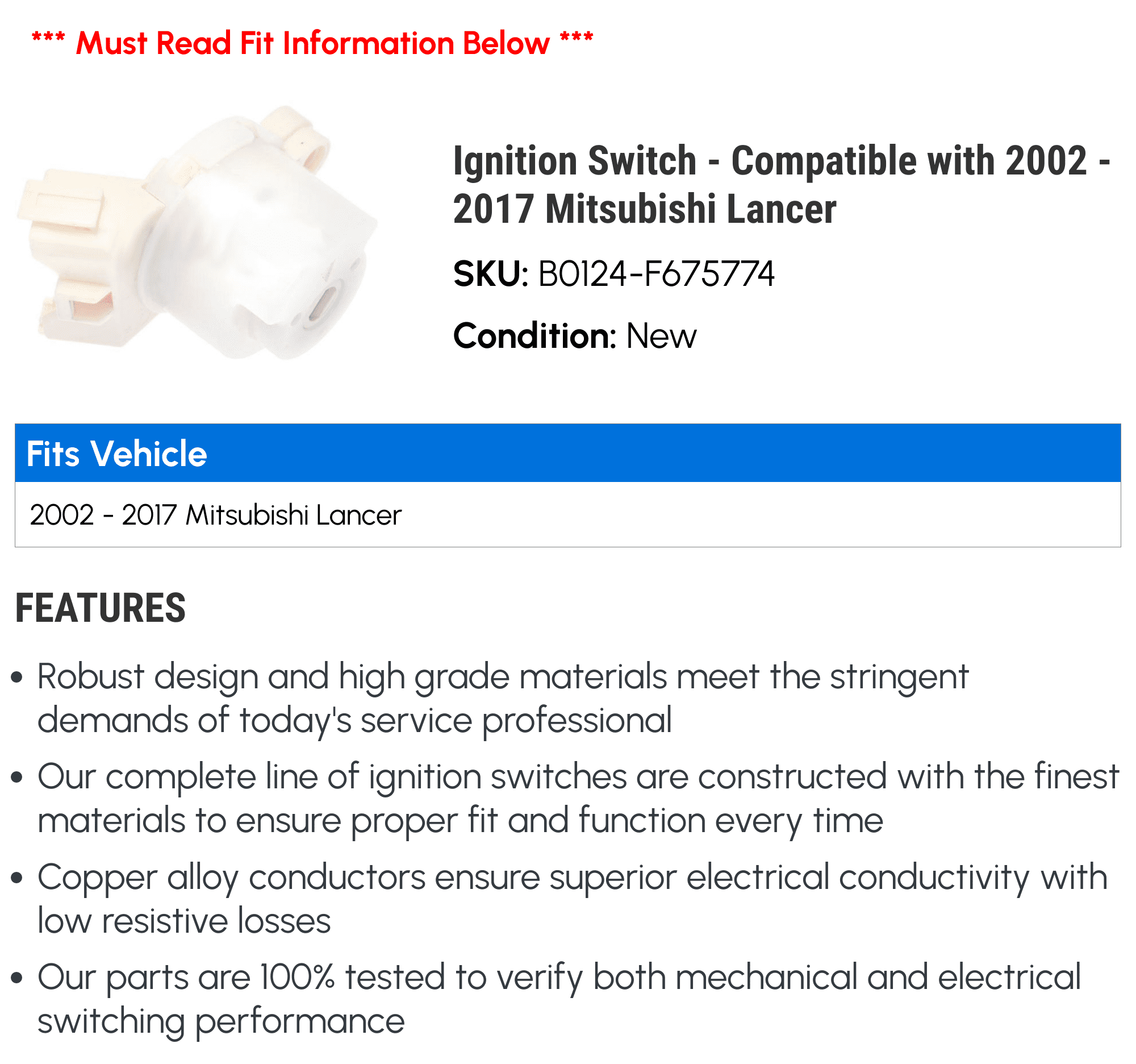 Ignition Switch - Compatible with 2002 - 2017 Mitsubishi Lancer 2003 2004 2005 2006 2007 2008 2009 2010 2011 2012 2013 2014 2015 2016