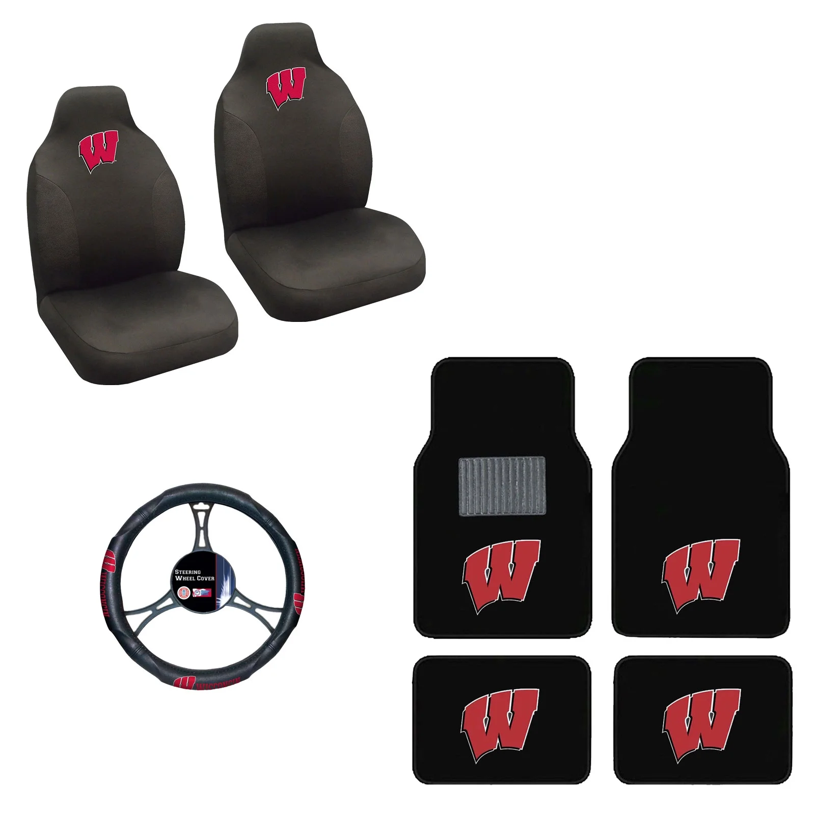 Wisconsin Badgers 4 Pc Carpet Floor Mats And 2 Seat Covers With Wheel Cover