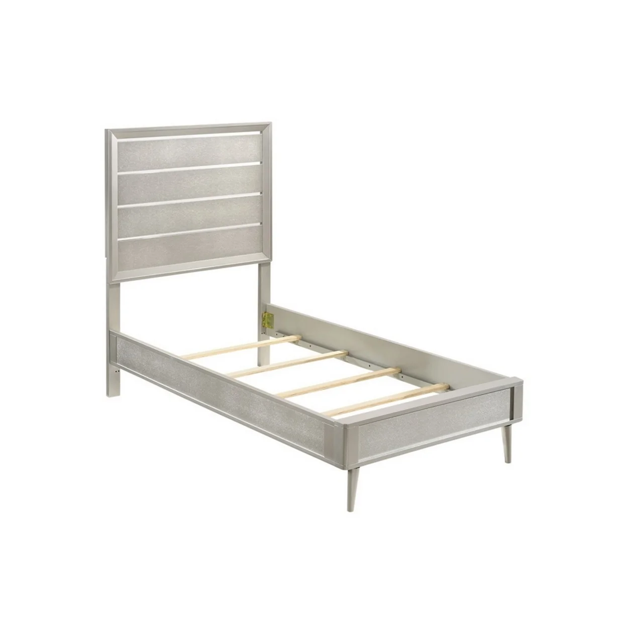 Panel Design Twin Bed with Plank Style Headboard and Mirror Inlay Silver- Saltoro Sherpi