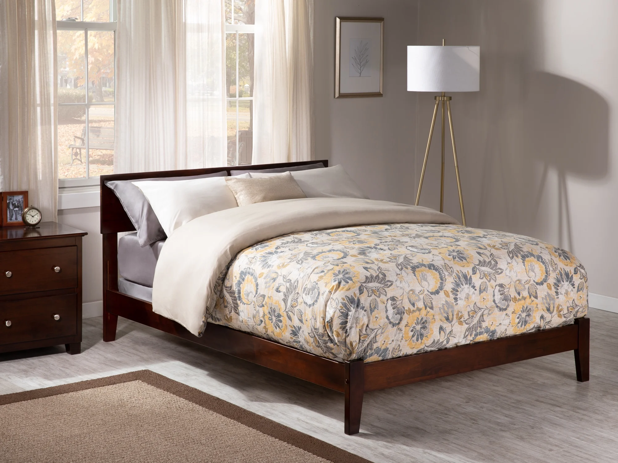 AFI Orlando Full Low Profile Wood Platform Bed Frame with Panel Headboard, Walnut