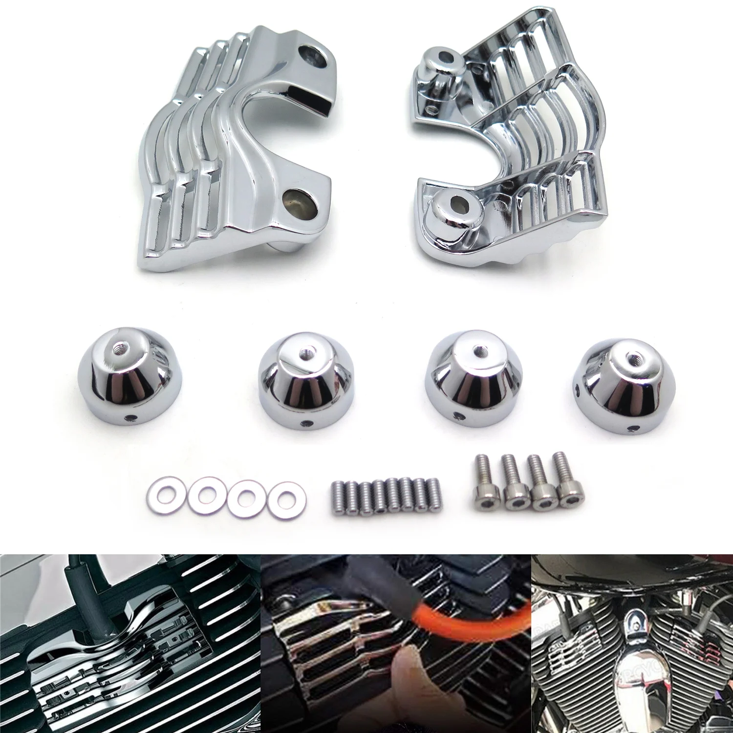 HTTMT- Chrome Slotted Finned Spark Plug Head Bolt Covers Compatible with Harley Touring Part Electra Glides Street Glide Road Kings Trikes Road Glides FLT [P/N: MT454]