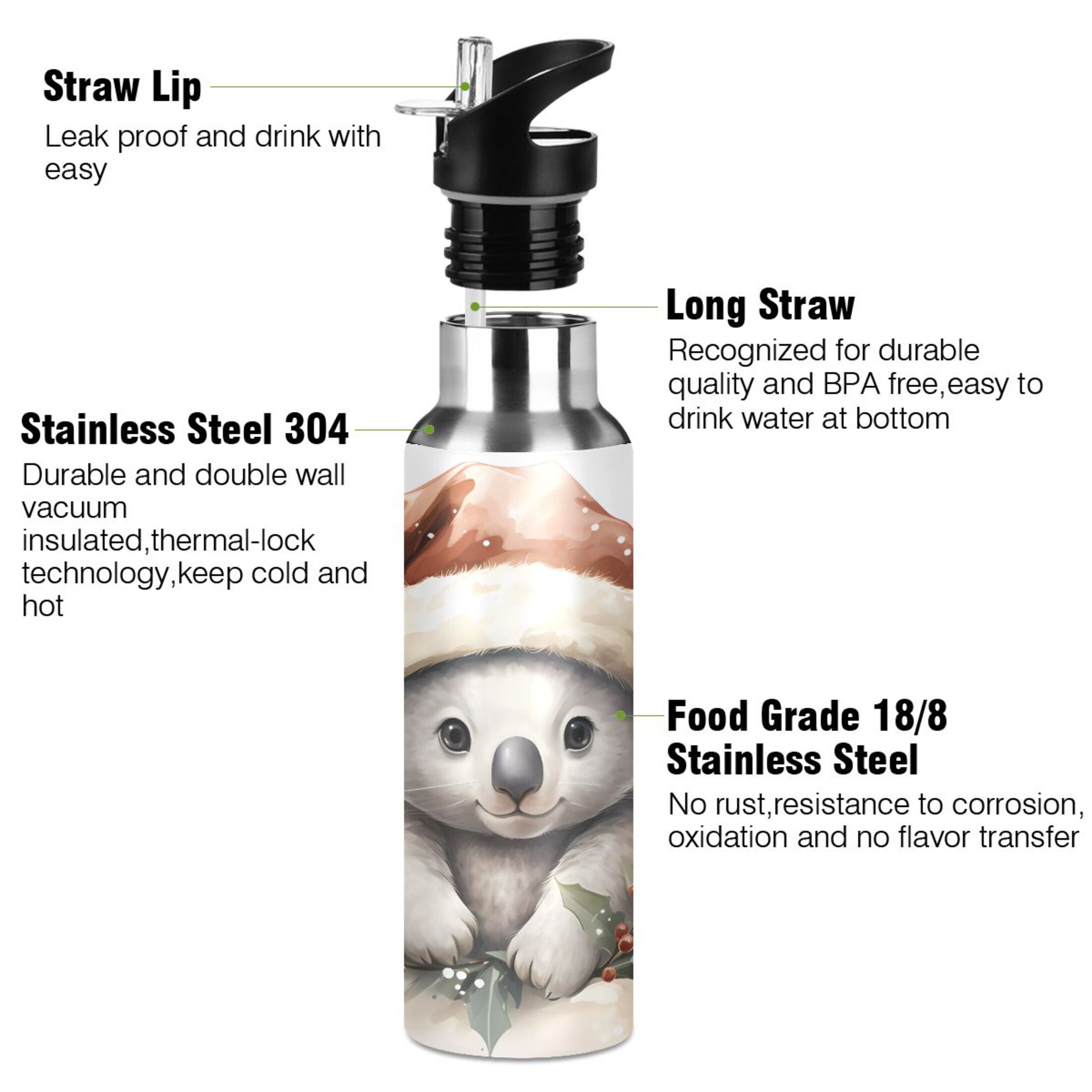 Water Bottle with Straw Lid Leak Cute Bear in Christmas Hats Stainless Steel Insulated Thermos Vacuum Flask for Cold Hot Drinking for Sports Camping Gym Yoga