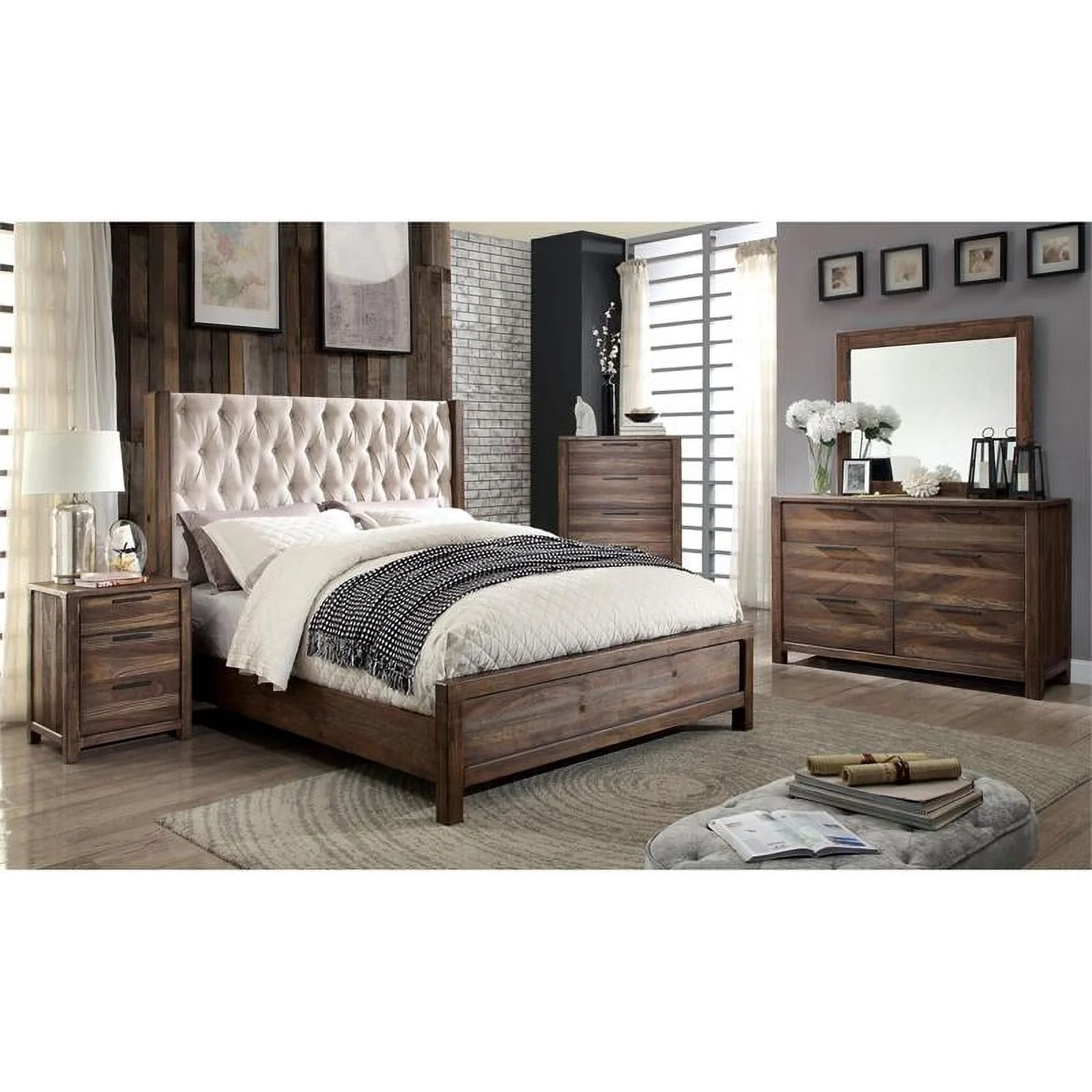 Bowery Hill Farmhouse Wood Queen Panel Bed in Rustic Natural Tone