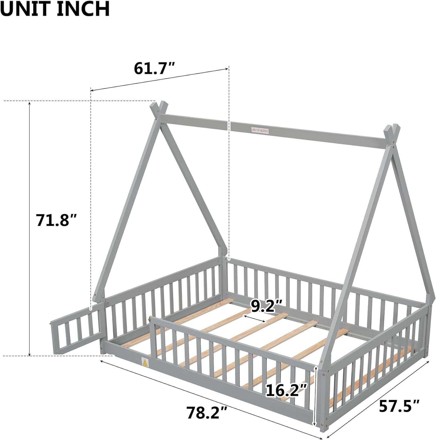 Full Size Floor Bed For Kids, Tet Bed Full Teepee Bed Frame With Fece Rails, Wood Motessori Floor Bed With Slats Ad Door For Girls Boys Bedroom Furiture, Grey