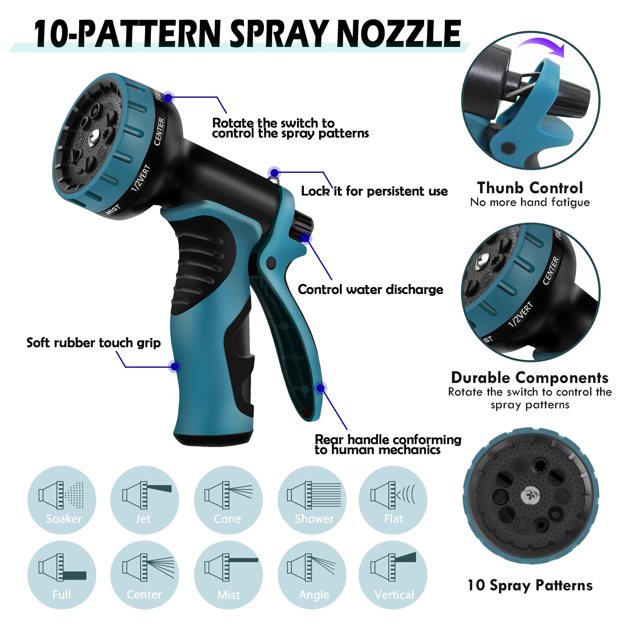 Garden Hose 50ft - Water Hose with 10 Function Nozzle, Easy Storage Garden Water Hose