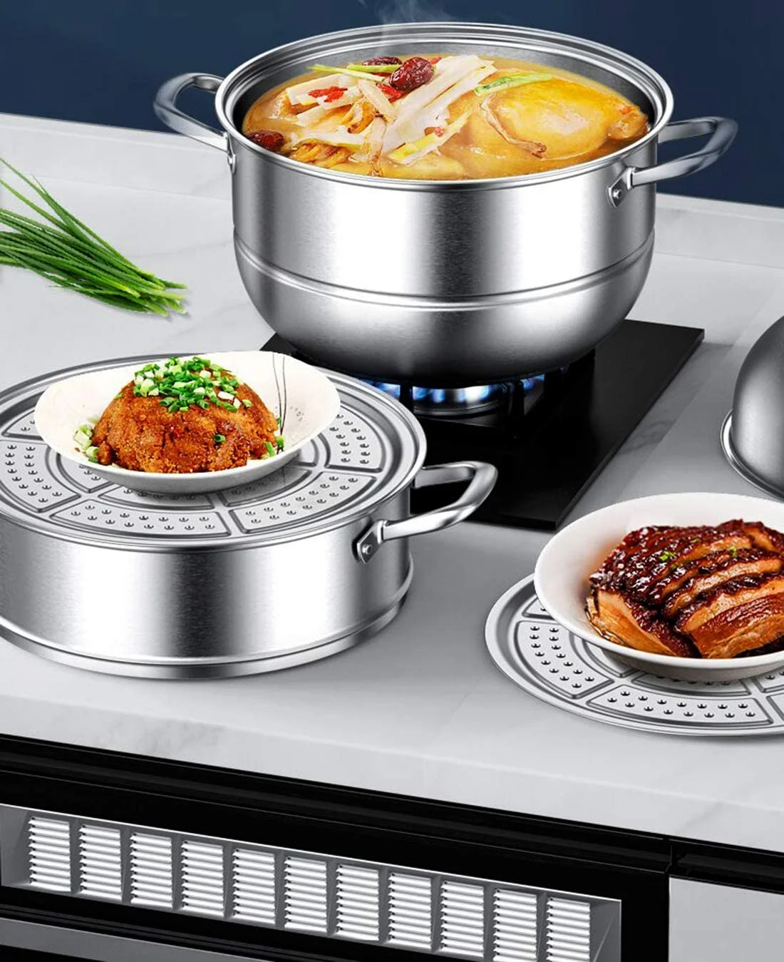 Stainless Steel Steamer Pot Thick-bottomed, 3 Tier Food Steamer for Cooking, Large Metal Steam Cooker, Work for Induction and Stove, Suitable for Tamale, Vegetable, Dumpling and Seafood