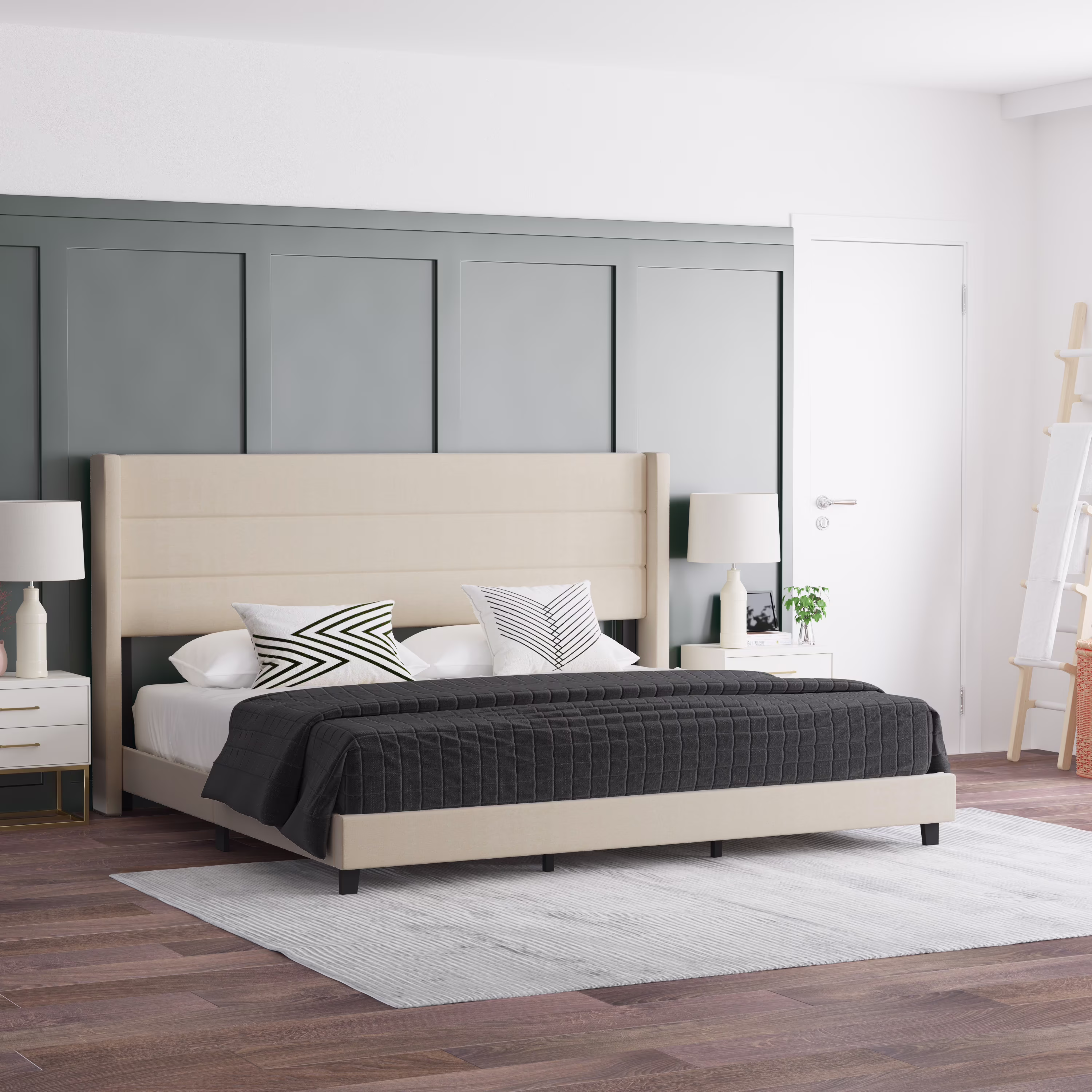 Emma + Oliver Modern Beige Channel Stitched Faux Linen Upholstered King Platform Bed with Wingback Headboard and Wooden Support Slats; No Box Spring Needed