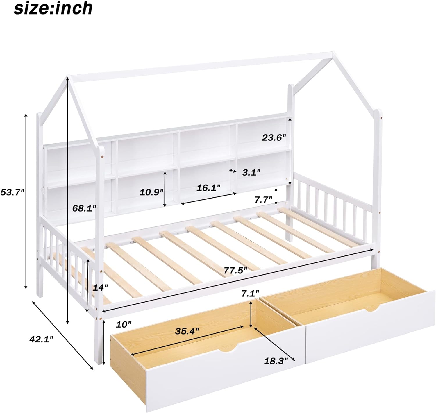 Size House Bed With Storage Drawers And Shelves, Kids Montessori Playhouse Bed Wood Tent Daybed Frame For Girls Boys Teens, White