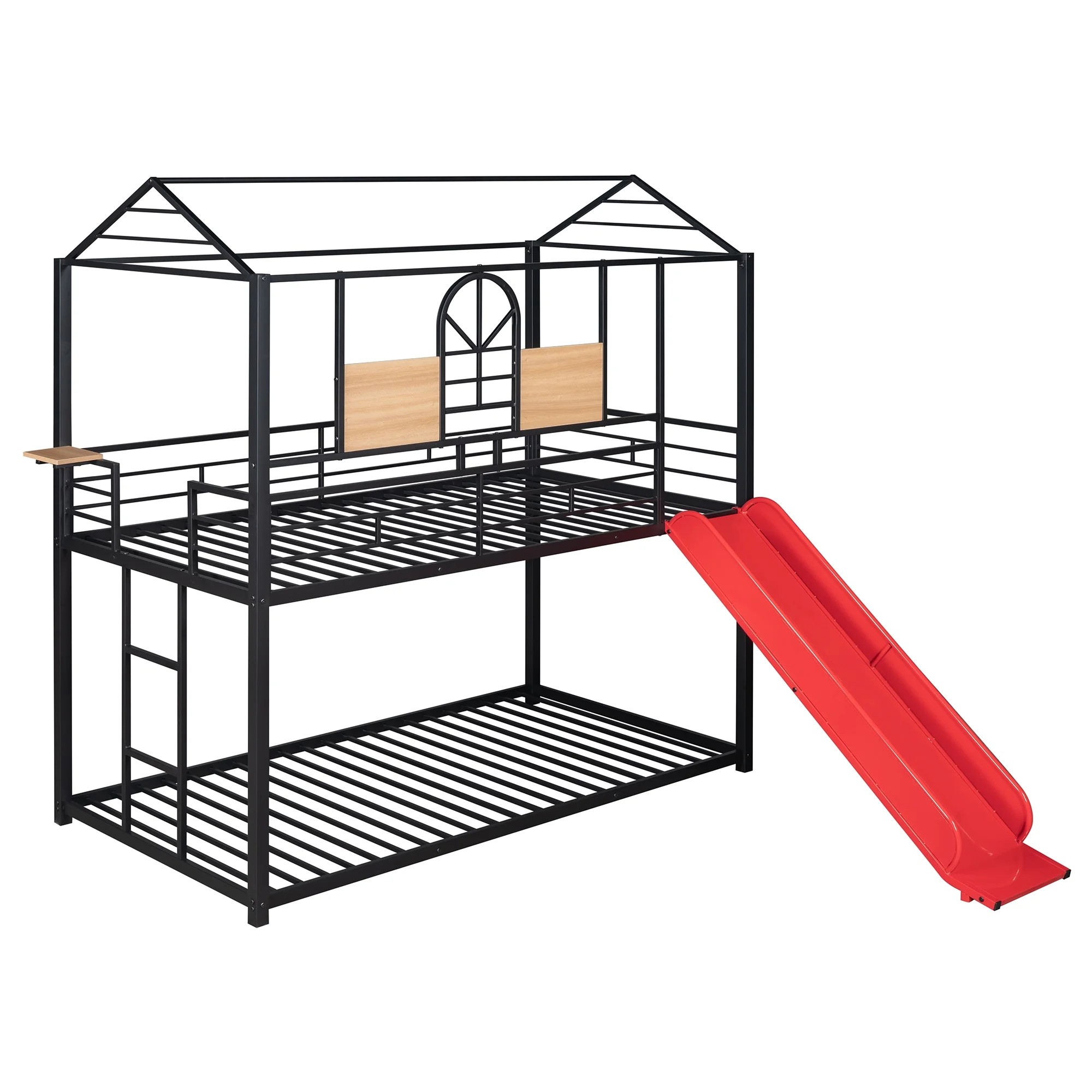 Metal Twin Over Twin Bunk Bed with Slide and Roof, Kids Child Bed Frame Housebed Playhouse Slatted Foundation