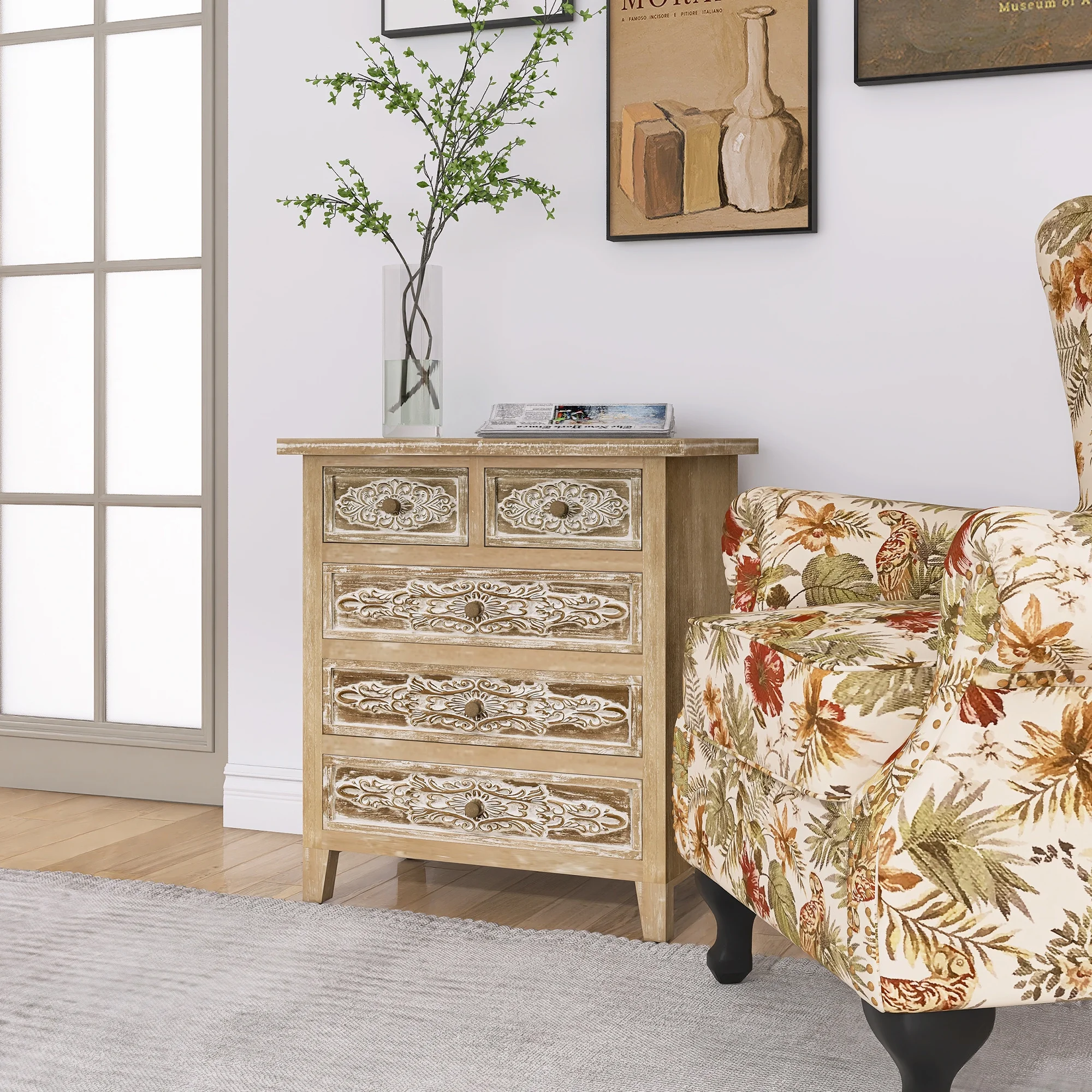 Hand-Carved 5-Drawer Accent Drawer - 40.0 | Elevate Your Space