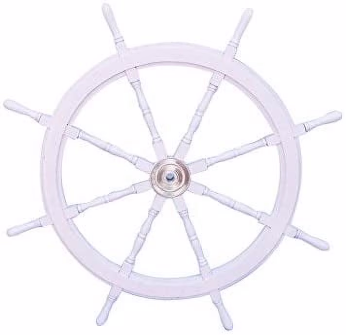 Hampton Nautical Deluxe Class White Wood and Chrome Decorative Ship Steering Wheel 48