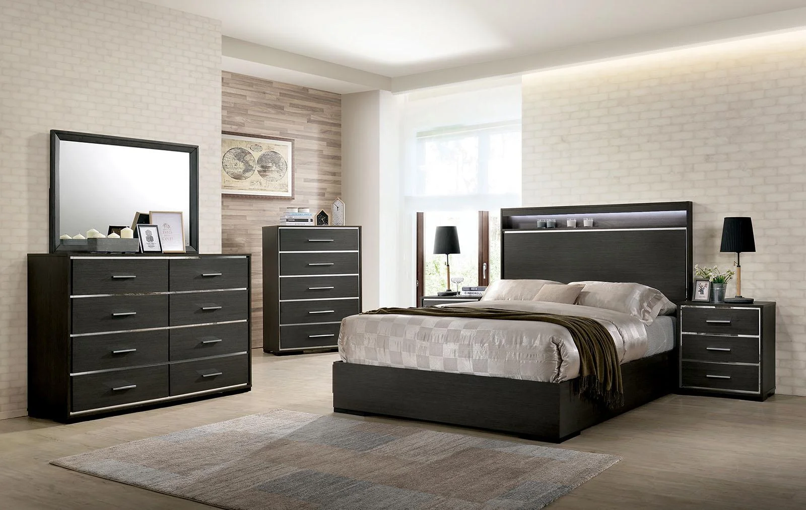Contemporary Warm Gray Solid Wood King Bedroom Set 6pcs FOA CM7589 Camryn