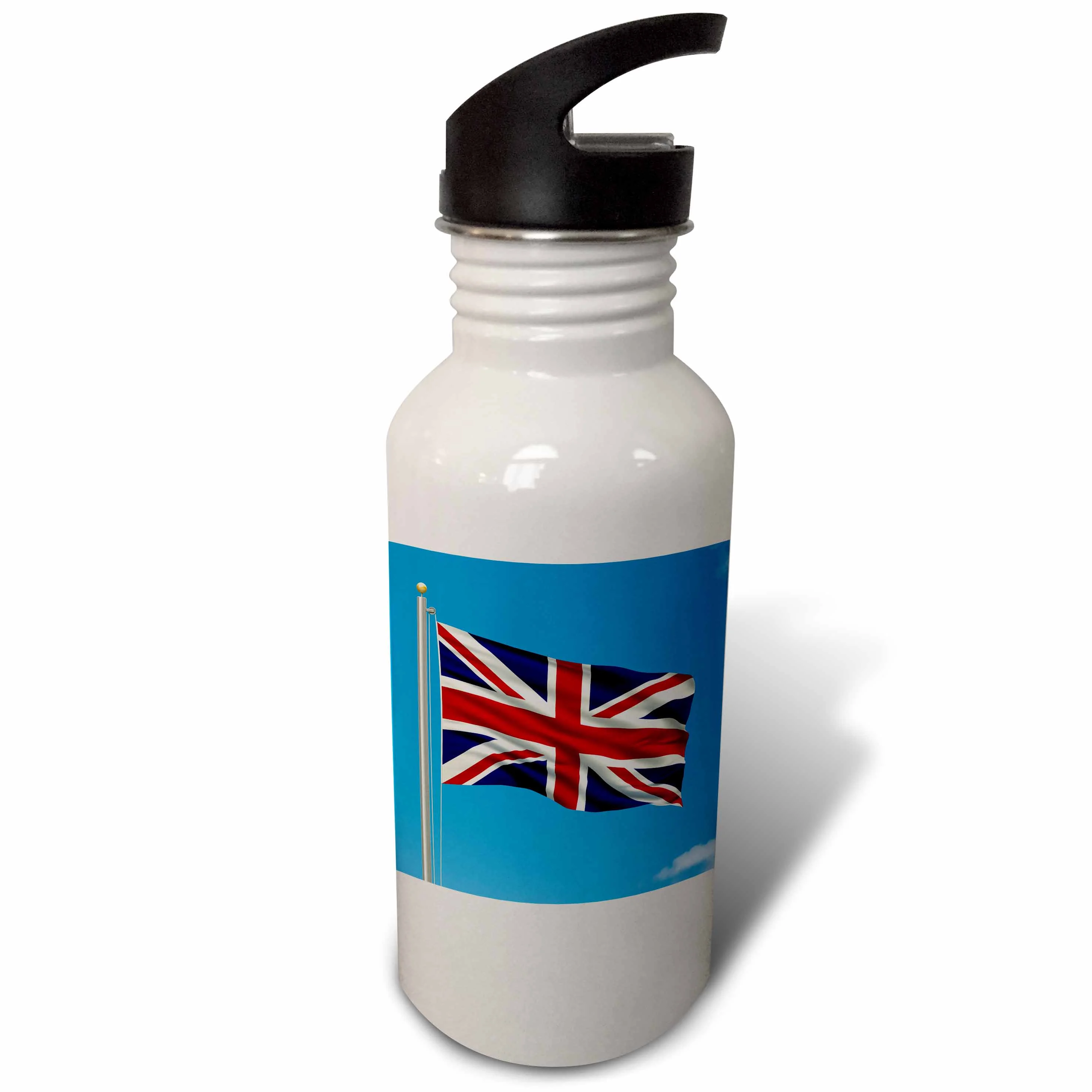 Flag of the United Kingdom on a flag pole with blue sky UK Great Britain British 21 oz Sports Water Bottle wb-157079-1