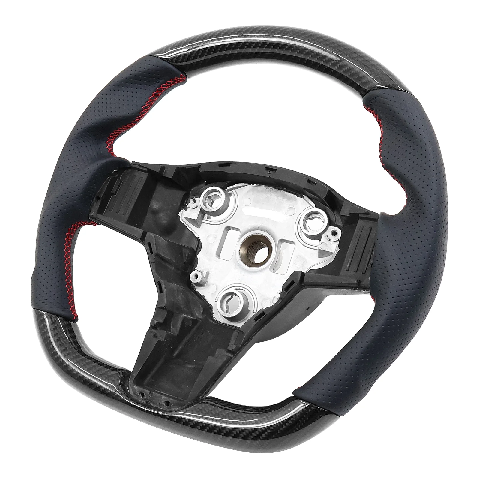 Ikon Motorsports Steering Wheel Compatible with 17-23 Tesla Model 3 Y Carbon Fiber & Perforated Leather With Red Stitching
