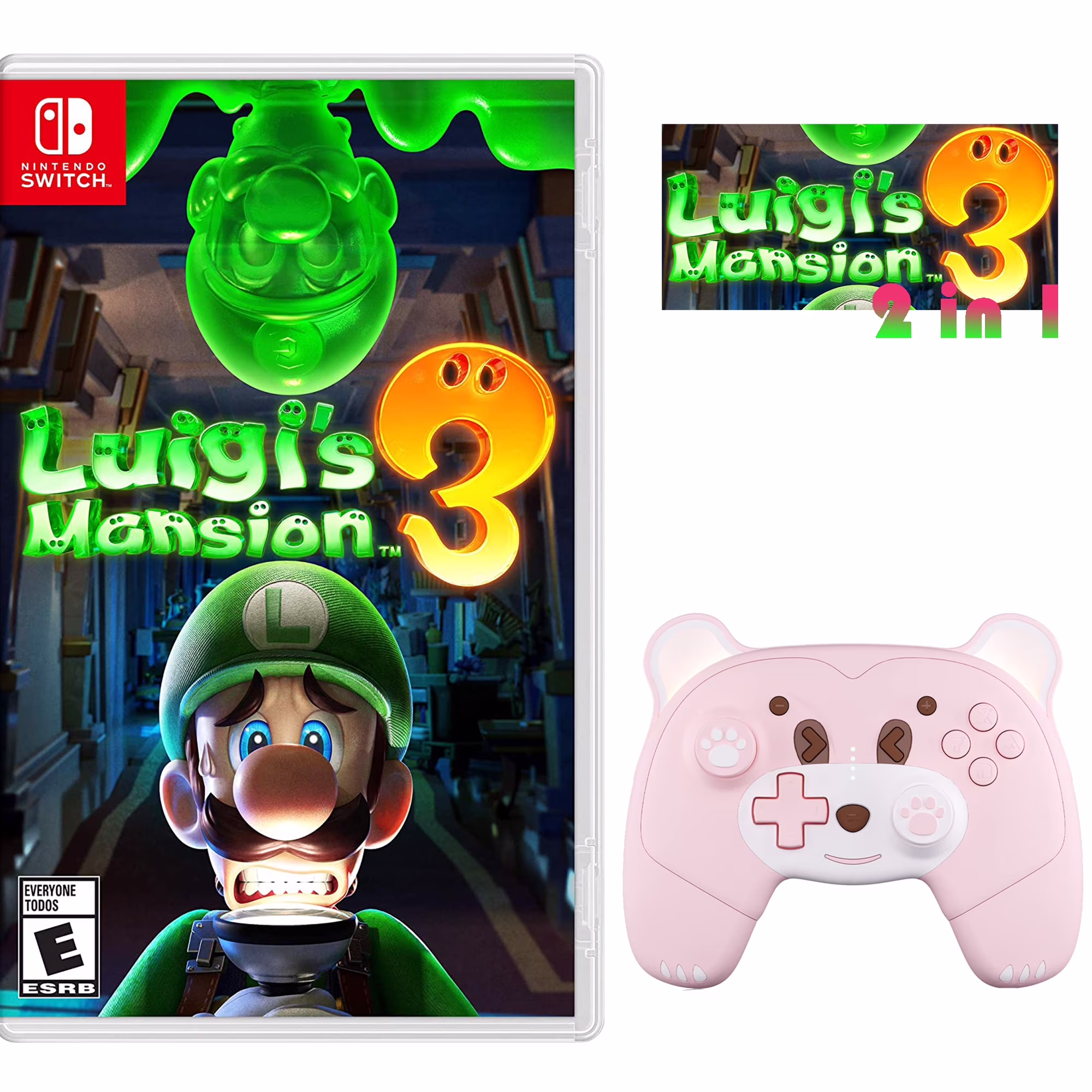Luigi's Mansion 3 and Upgraded Wireless Switch Pro Controller for Nintendo Switch/OLED/Lite Pink, with Headphones Jack, Programmable, Turbo, Wakeup