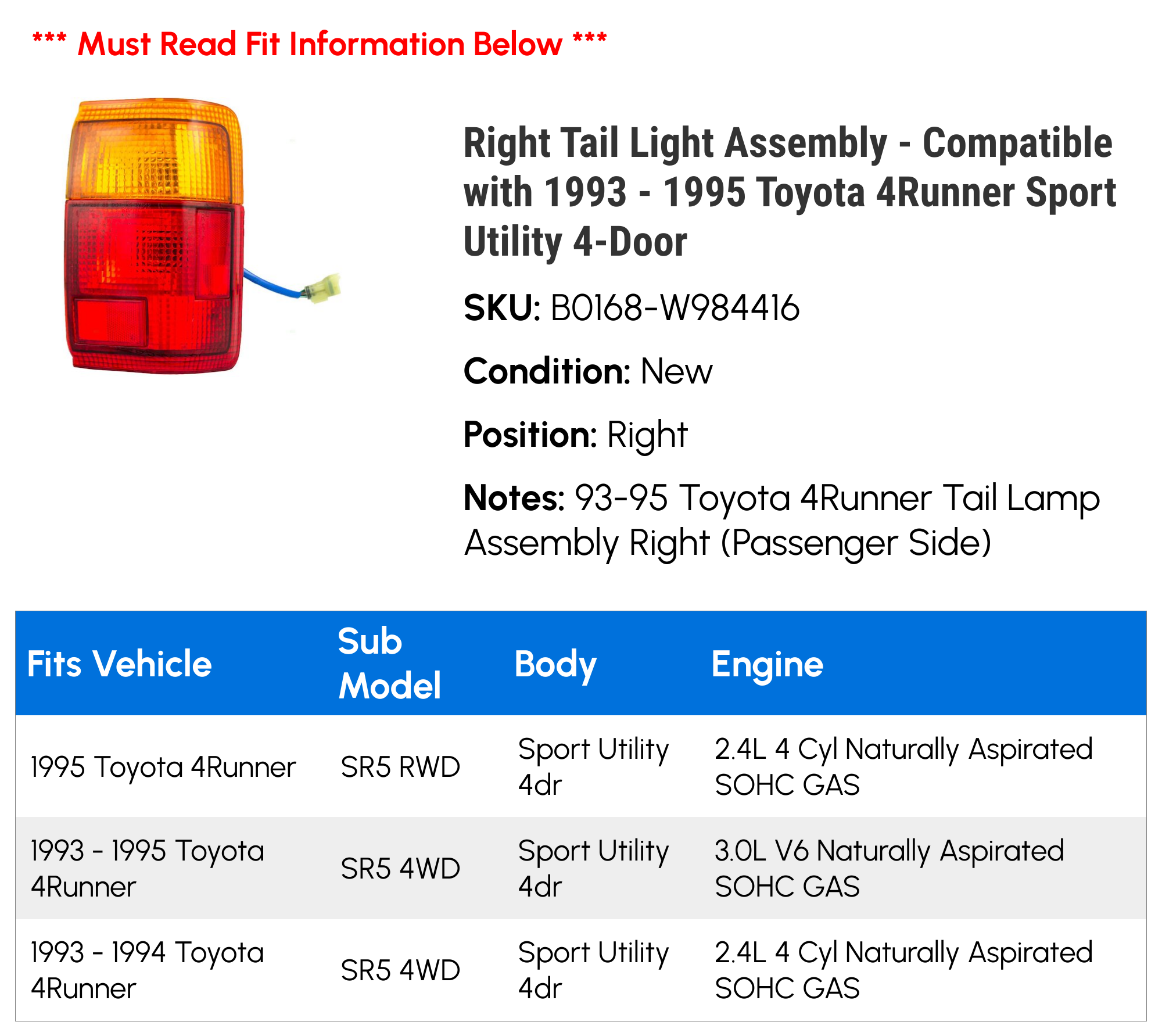 Right Tail Light Assembly - Compatible with 1993 - 1995 Toyota 4Runner Sport Utility 4-Door 1994