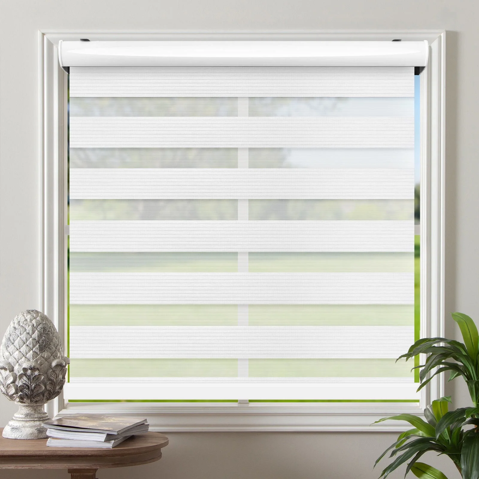 Biltek Cordless Zebra Window Blinds with Modern Design - Roller Shades w/ Dual Layers - Solid & Sheer Shades for Transparency / Privacy - Great for Home, Office, Kitchen, Bathroom - White, 37