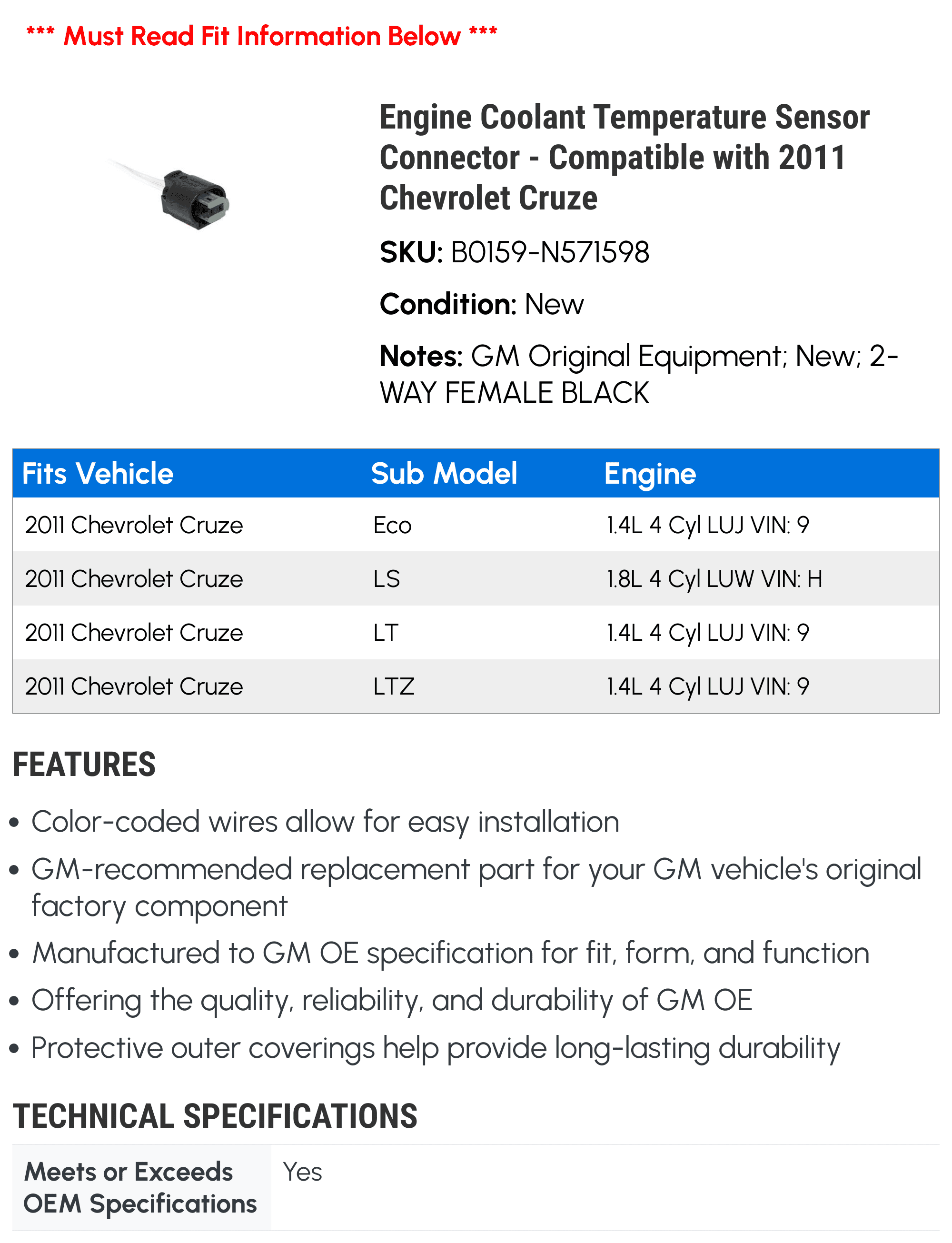 Engine Coolant Temperature Sensor Connector - Compatible with 2011 Chevy Cruze