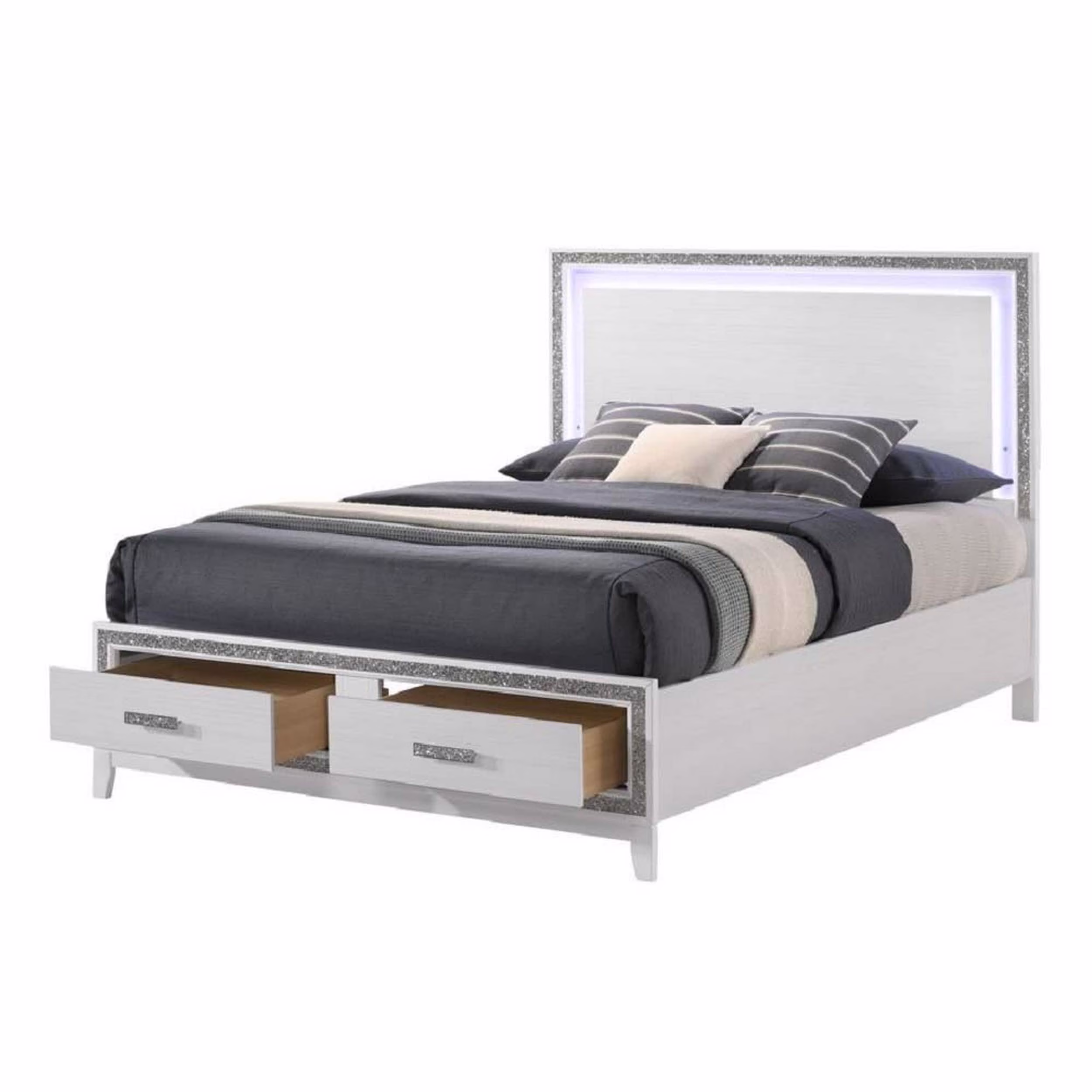 Modern Queen Bed, White Finish, Mirrored Trim and LED Panel Headboard